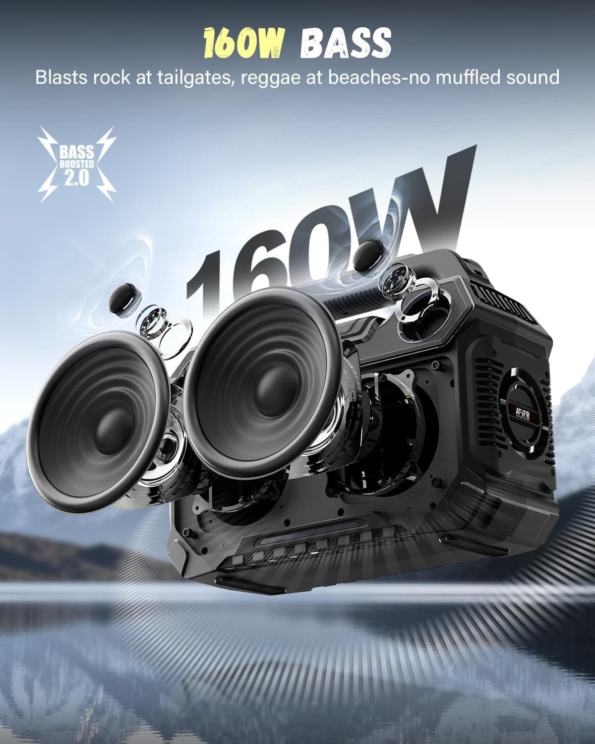 AFIFR Outdoor Bluetooth Speaker, 160W Loud Bass! Rugged, IP67 Waterproof, 24H Playtime with Lights, Wireless TWS Pairing Portable Speakers for Party, Outsides, Travel, Beach, Garage (Black) : Electronics thumbnail 2