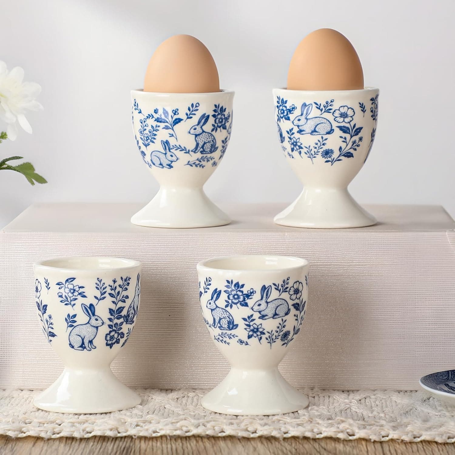 Easter Ceramic Egg Cups - Blue and White Bunny Holders (Set of 4) — Easter Gifts gift idea