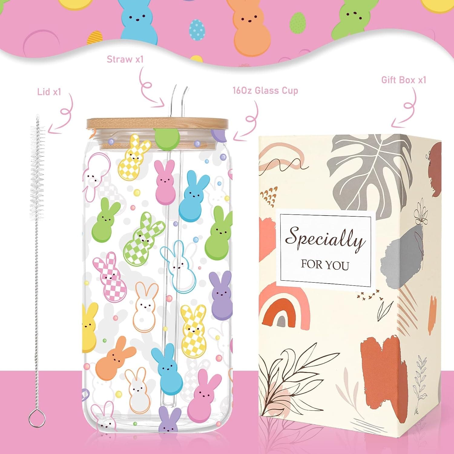 Easter Bunny Glass Cups with Lid and Straw - 16oz Set thumbnail 2