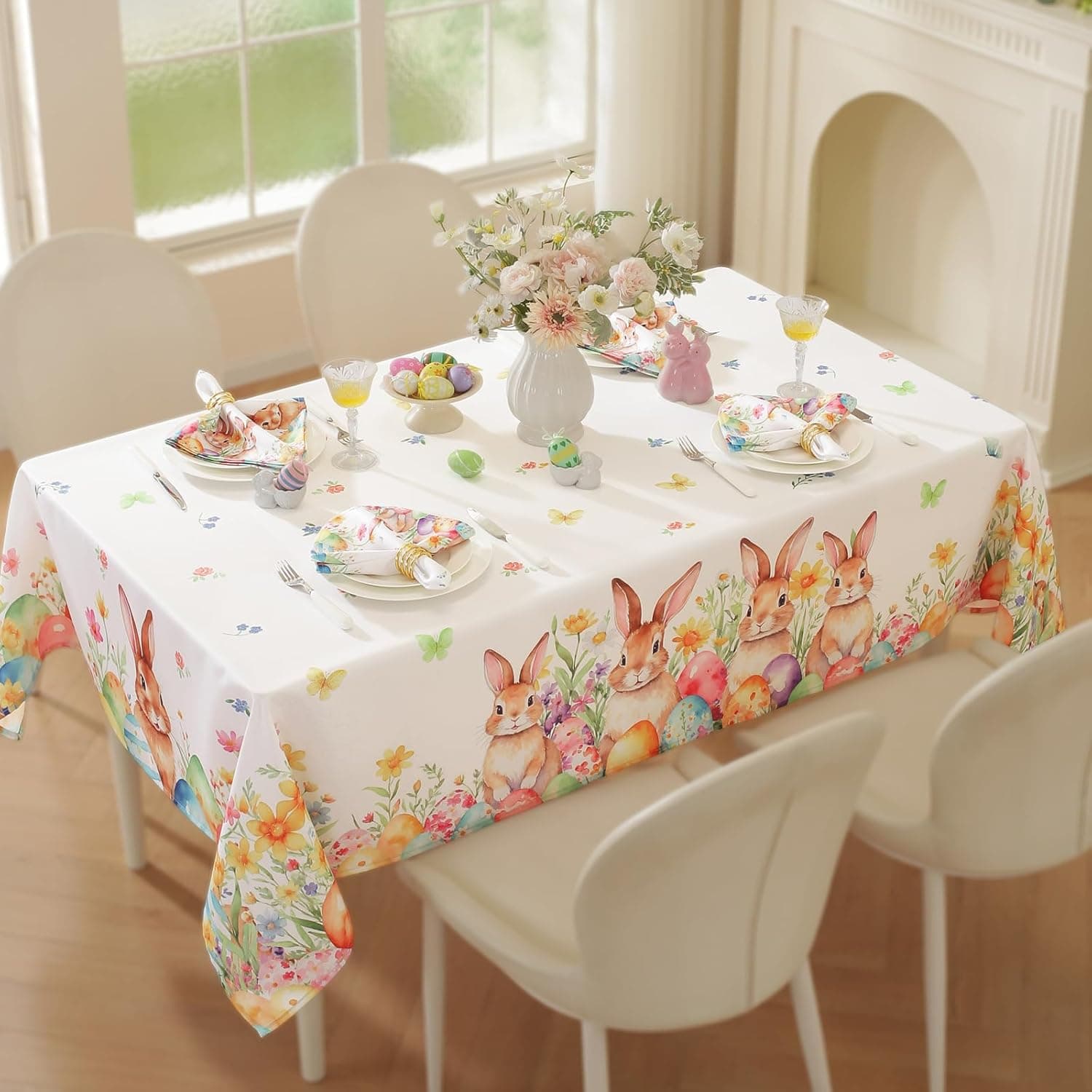 SASTYBALE Easter Tablecloth 52 x 70 Inch Rectangle, Watercolor Bunny Rabbit Eggs Design, Washable Spring Table Cover for Party Picnic Dinner Decor : Home &amp; Kitchen thumbnail 2