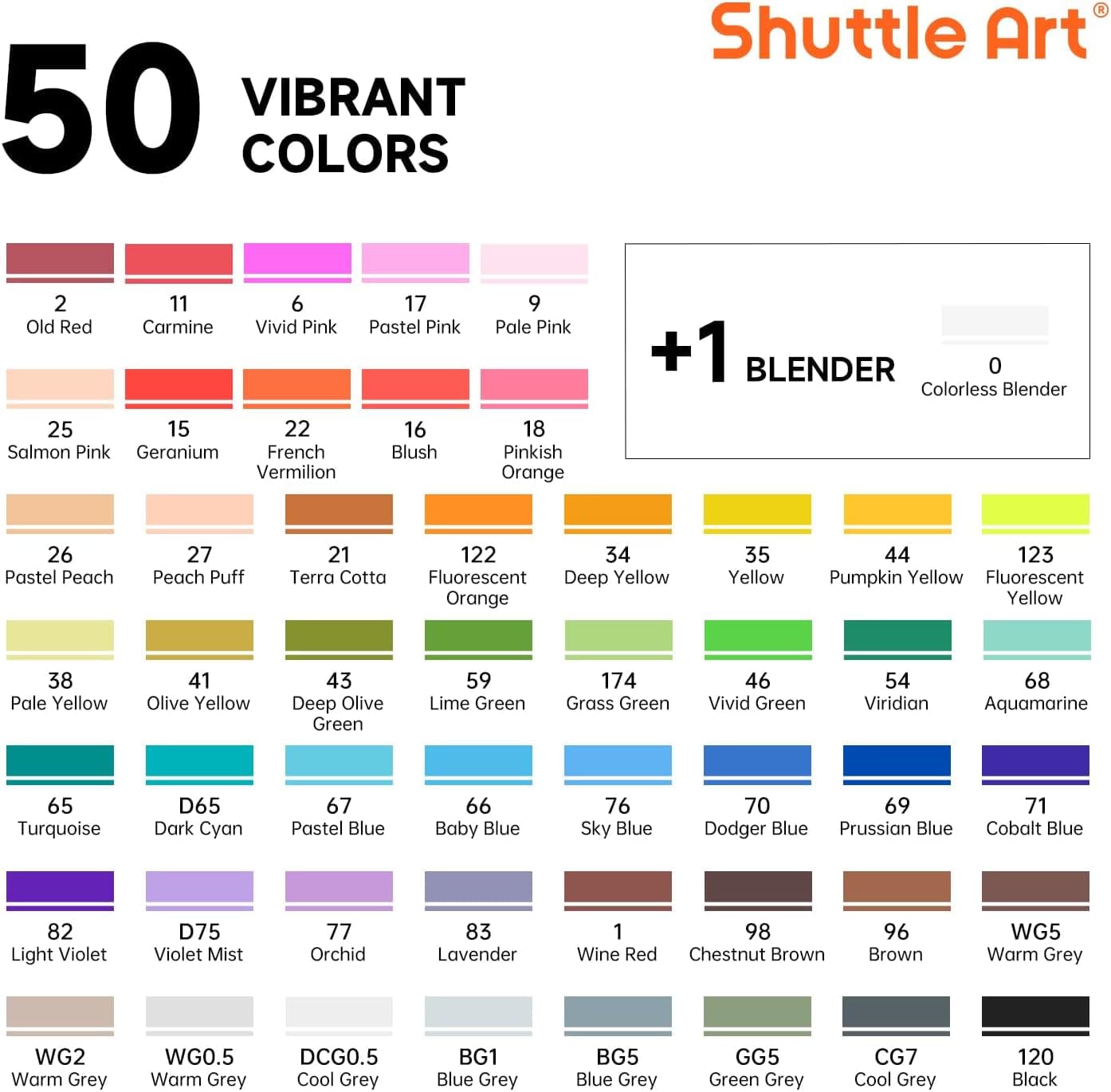 Shuttle Art 51 Colors Alcohol Markers, 50 Colors Dual Tip Art Marker Set Plus 1 Colorless Blender with Marker Case Perfect for Illustration Students Adult Coloring Sketching : Arts, Crafts &amp; Sewing thumbnail 2
