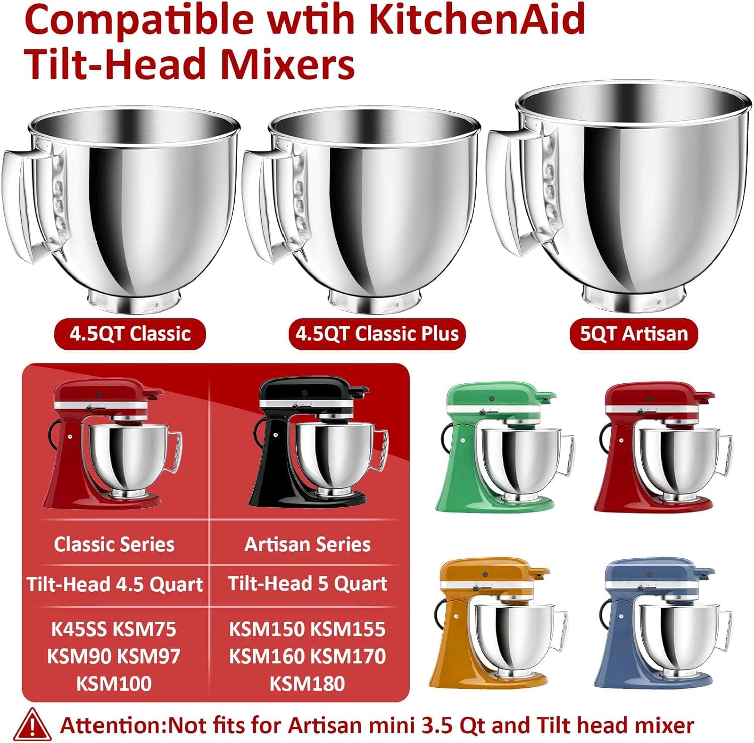 5QT Stainless Steel Mixer Bowl Compatible with KitchenAid Bowls for Mixer, Artisan&amp;Classic Series 4.5-5QT Tilt-Head Mixers, Kitchen Gadgets Mixer Bowl with Handle,Metal Bowl for Kitchen Mixing Bowl: Home &amp; Kitchen thumbnail 3