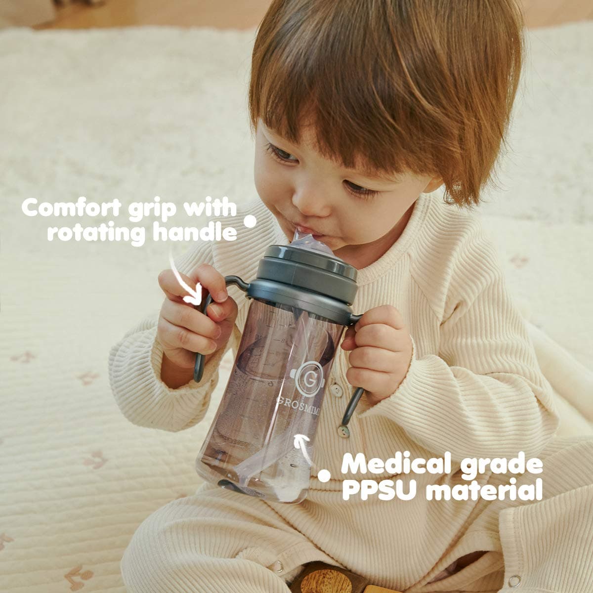 GROSMIMI Spill Proof no Spill Magic Sippy Cup with Straw with Handle for Baby and Toddlers, Customizable, PPSU, BPA Free 10 oz (Charcoal) : Baby thumbnail 3