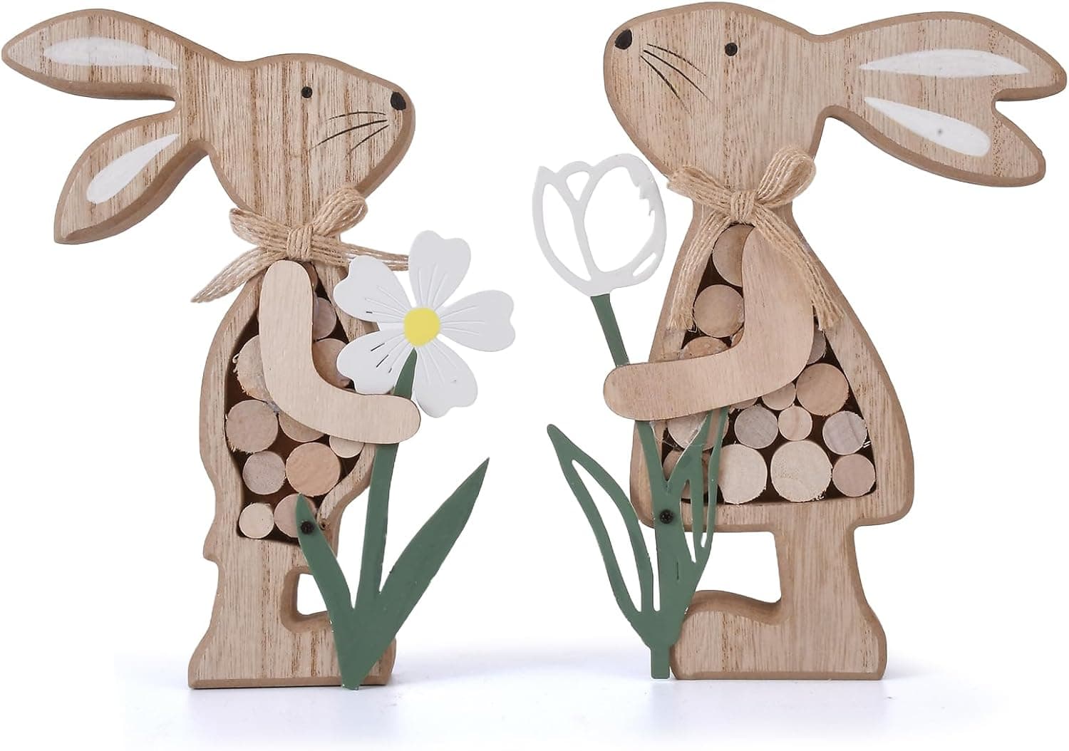 Farmhouse Rustic Wooden Bunny with Metal Flower Tiered Tray Decor — Easter Gifts gift idea