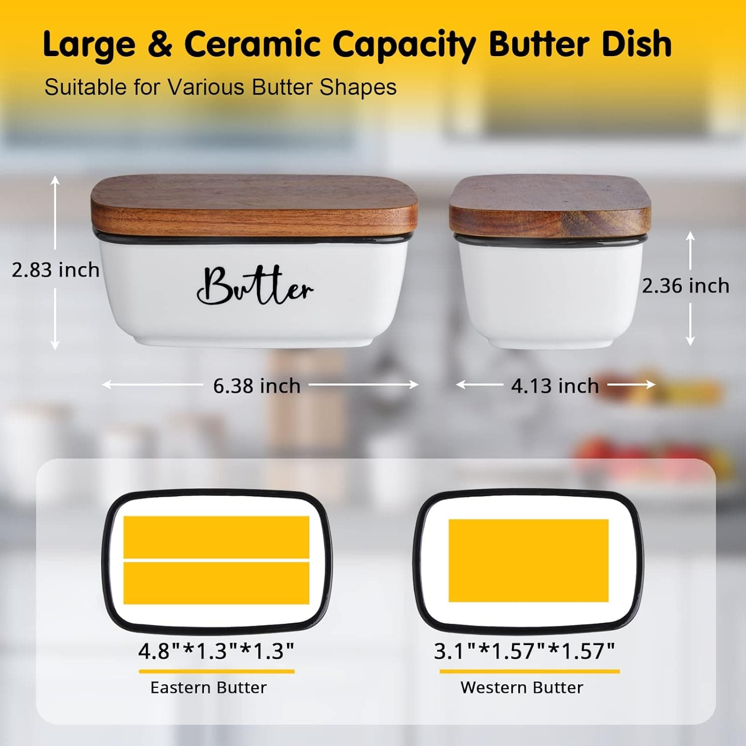 Butter Dish with Lid, ALELION Large Ceramic Butter Dish for Countertop, Butter Keeper with Thick Acacia Wood Lid, Kitchen Decor and Accessories for Kitchen Gifts, White: Butter Dishes thumbnail 2