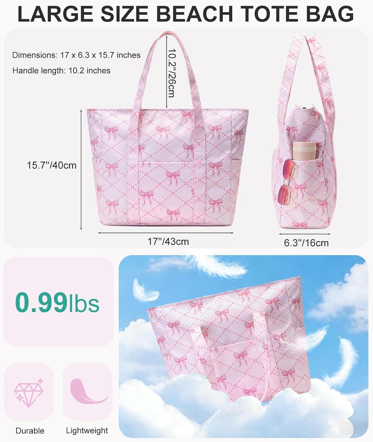 Octsky Large Beach Bags for Women - Waterproof Sandproof Beach Tote with Dual Zipper and Wet Pocket - 3 Outside Pockets - Bow Pink 02 | Travel Totes thumbnail 5