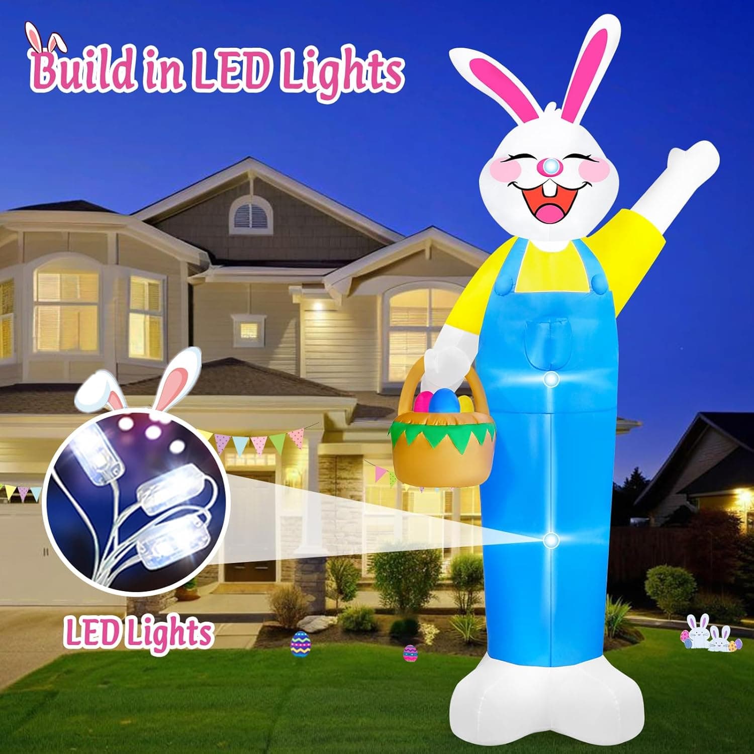 12Ft Giant Lighted Easter Bunny Inflatable with Egg Basket thumbnail 3