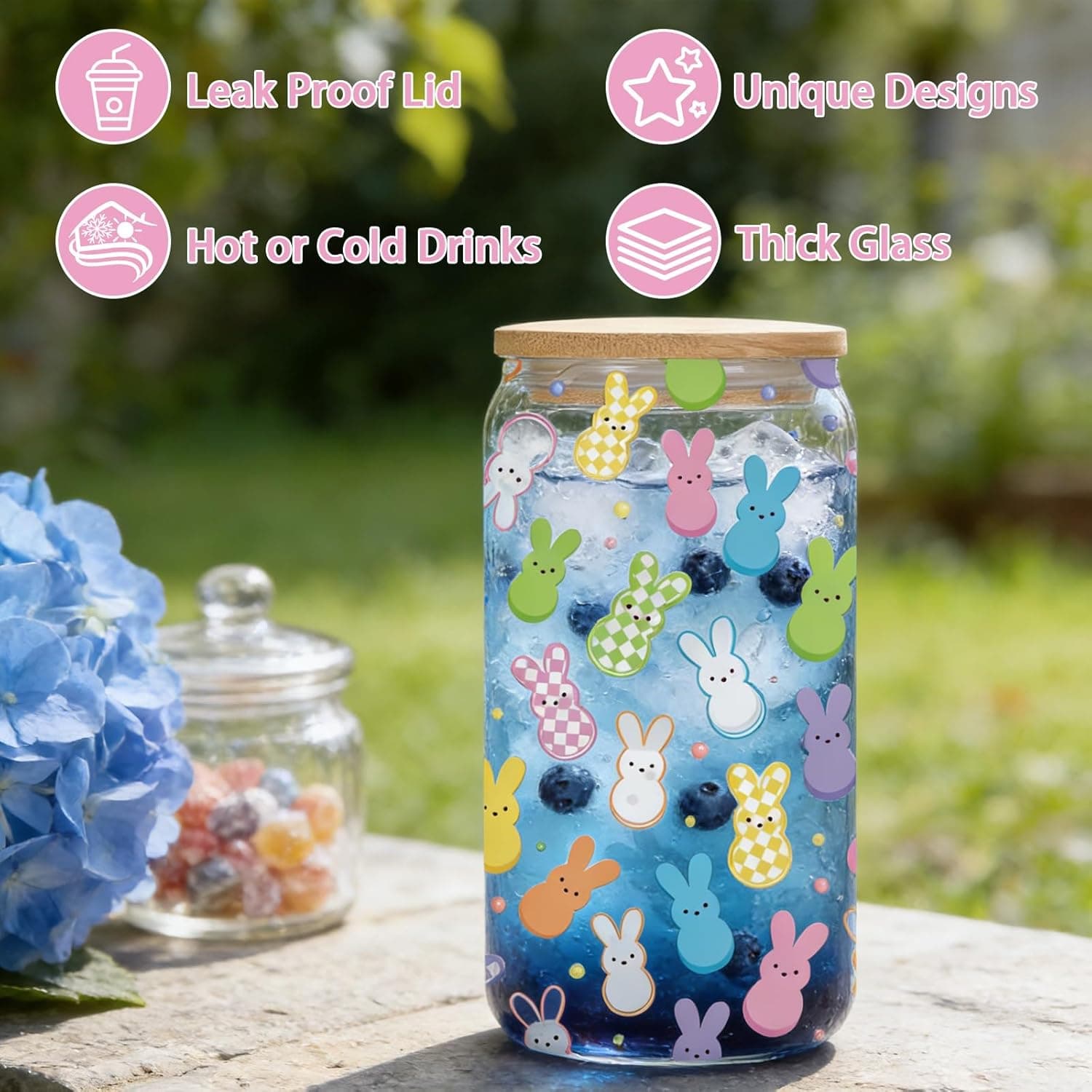Easter Bunny Glass Cups with Lid and Straw - 16oz Set thumbnail 3