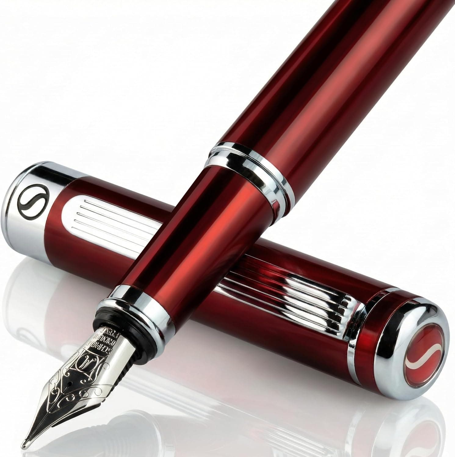 Scriveiner Deep Crimson Red Fountain Pen with Chrome Finish image 1