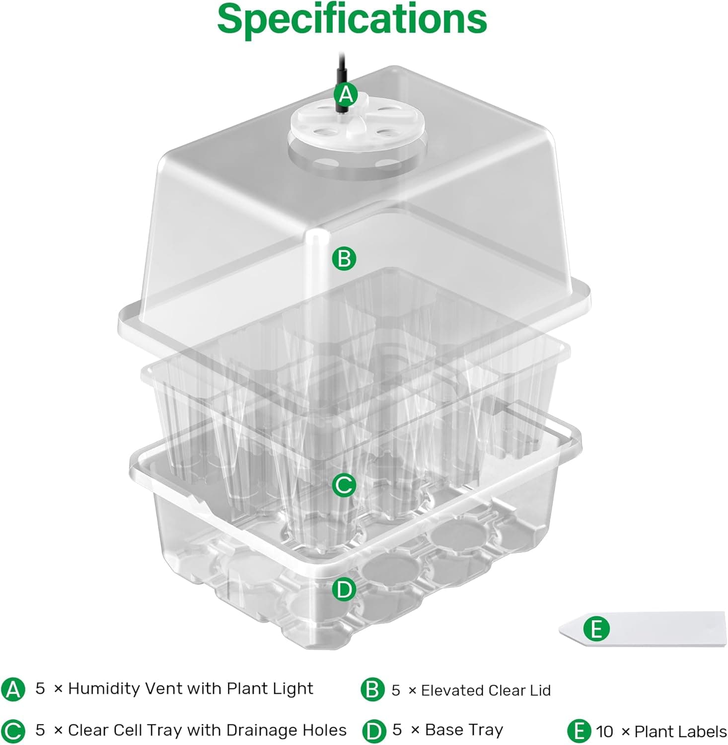 Bonviee 5 Packs Seed Starter Tray with Grow Light, Elevated Seedling Starter Trays Kits with Adjustable Humidity Domes and Clear Cell Tray, 12 Full Spectrum led lamp Beads for Plants Indoor-Clear : Patio, Lawn &amp; Garden thumbnail 2