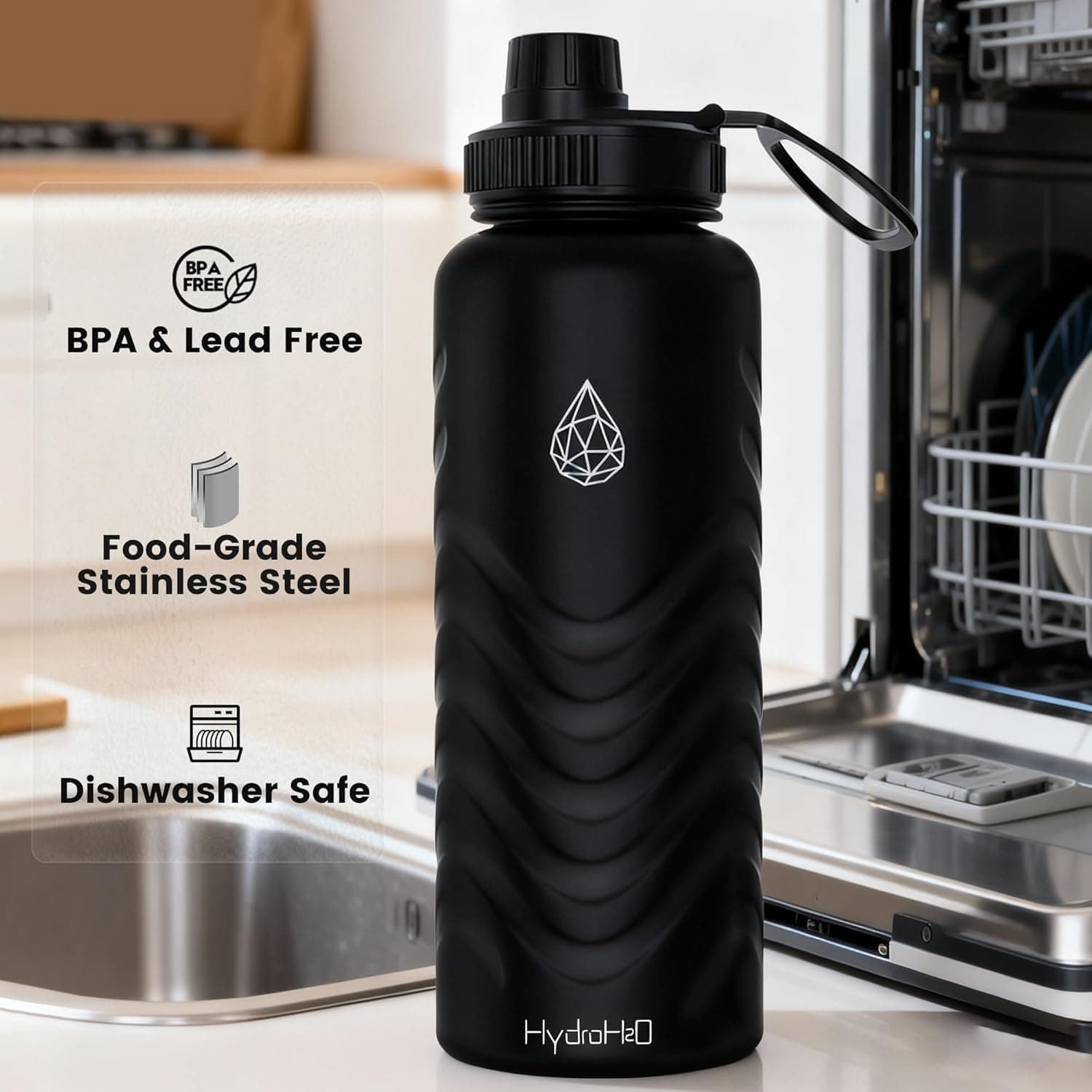 24oz Stainless Steel Insulated Water Bottle, 48H Cold &amp; 24H Hot, Leak-Proof Wide Mouth Lids (Straw &amp; Spout), BPA-Free Bottles, Mens Water Bottle for Gym, Hiking, Travel - Black : Sports &amp; Outdoors thumbnail 5