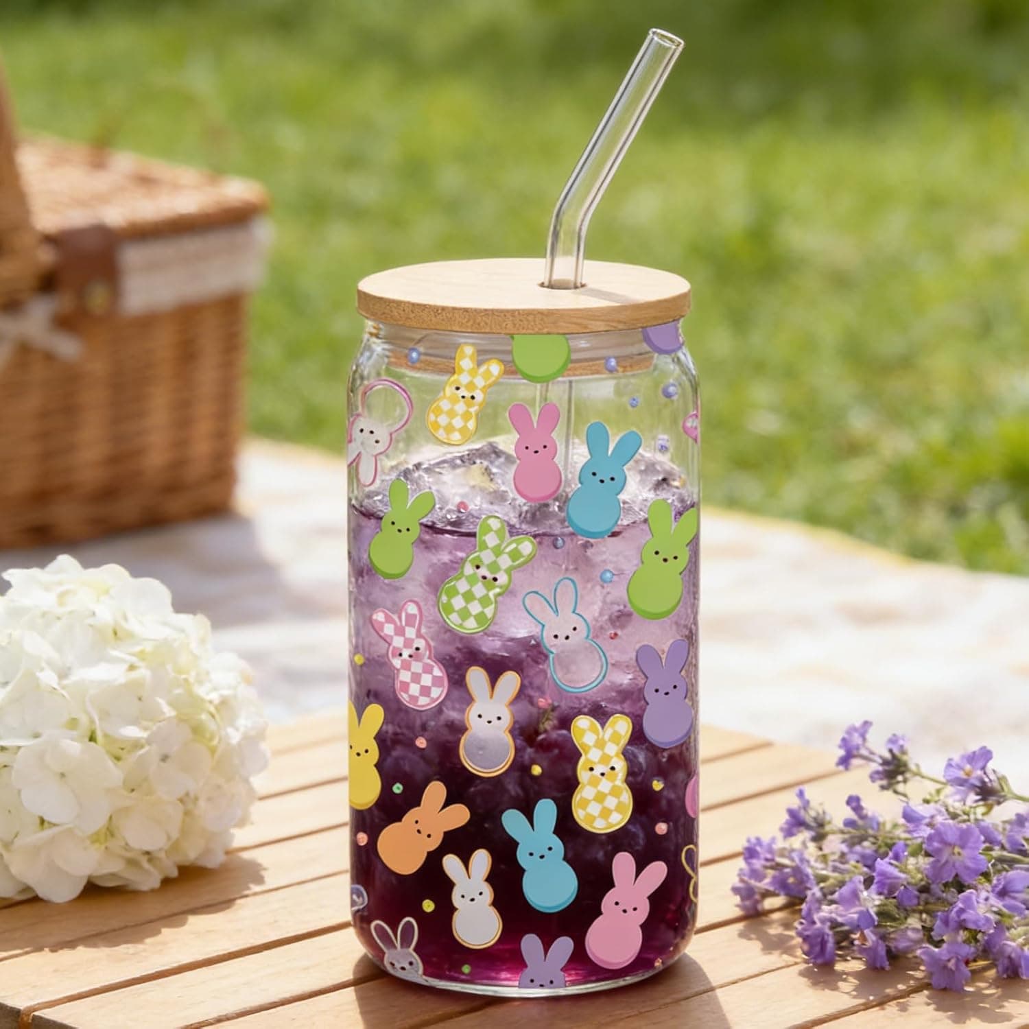 Easter Bunny Glass Cups with Lid and Straw - 16oz Set thumbnail 4