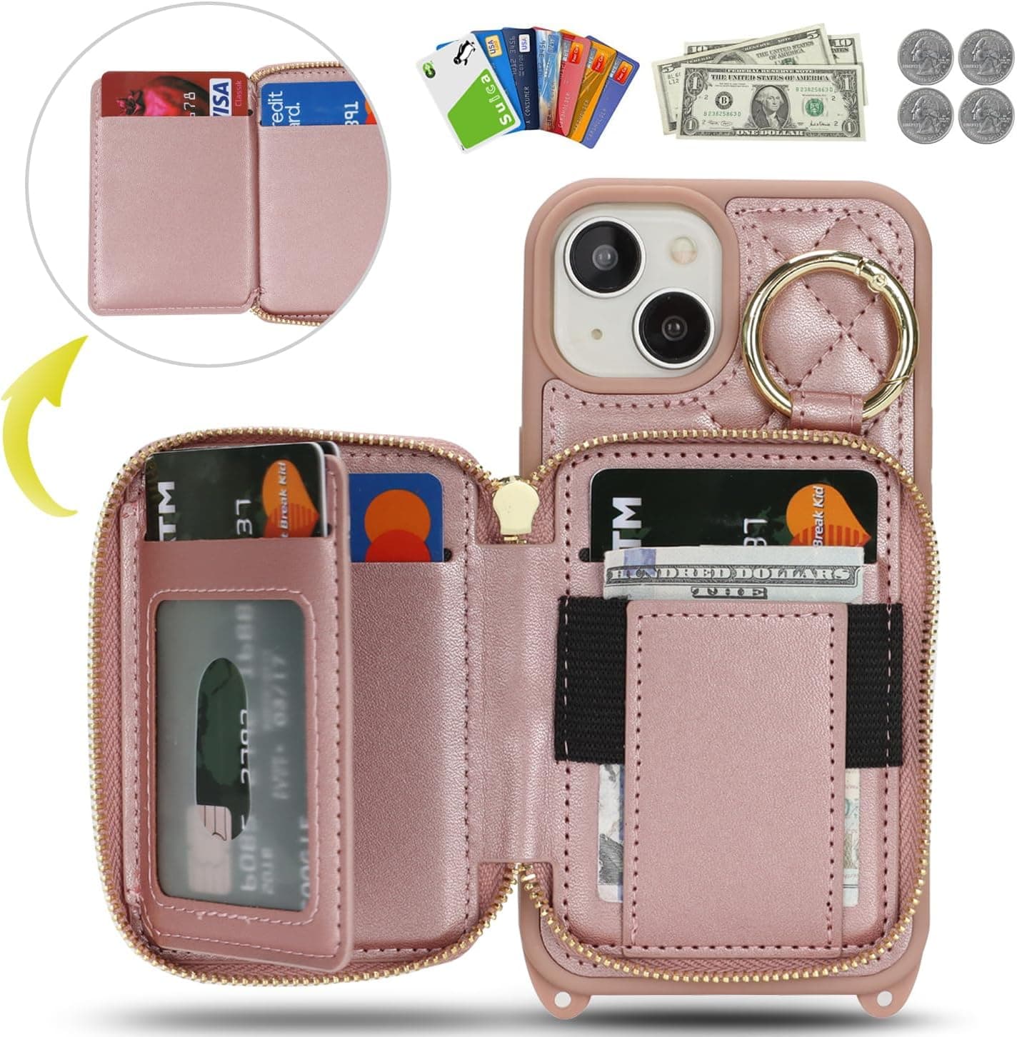 Hamany Crossbody Wallet Case for iPhone 15, PU Leather Zipper Handbag Purse Flip Cover, Kickstand Folio Case with Card Slots Holder Wrist Strap Lanyard 5G 6.1 Inch-Rose Gold : Cell Phones &amp; Accessories thumbnail 2