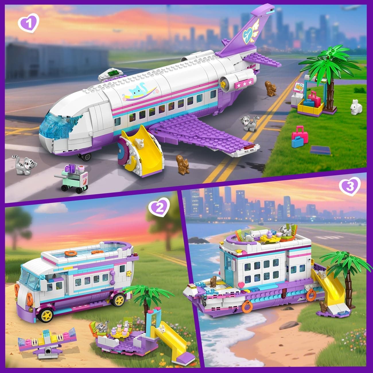 HOGOKIDS 3-in-1 Friends Airplane Building Toy Set - 808PCS Plane/Boat/Camper Van Building Toys with Cute 6 Mini Animals, Slide, Fun Accessories and Stickers, Birthday Gifts for Girls Boys Age 8-12+ : Toys &amp; Games thumbnail 2