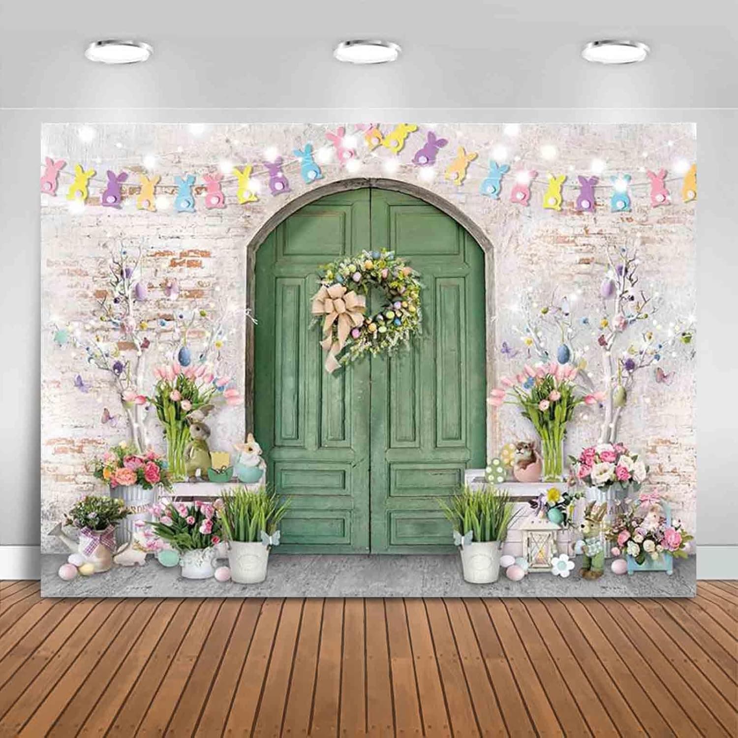 Mocsicka Easter Backdrop - Green Wooden Doors & Bunny Rabbit Design (7x5ft) image 1