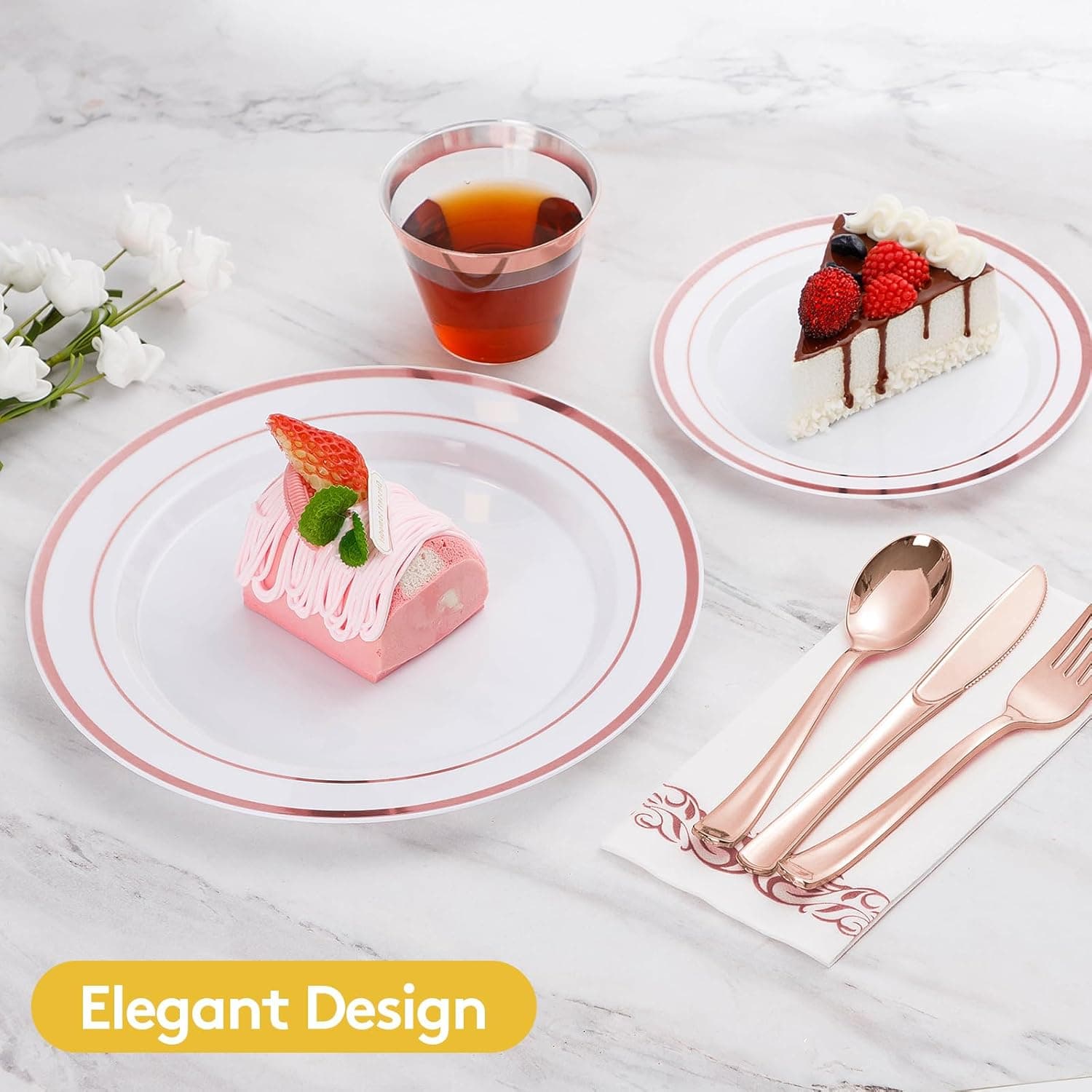 Goodluck 700 Pieces Rose Gold Dinnerware Set for 100 Guests, Plastic Plates Disposable for Party, Include: 100 Dinner Plates, 100 Dessert Plates, 100 Paper Napkins, 100 Cups, 100 Silverware Set : Health &amp; Household thumbnail 3