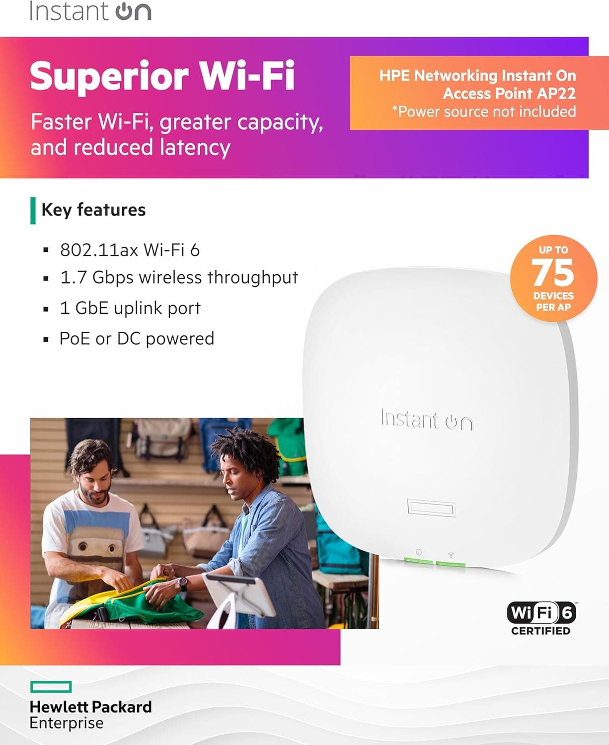 HPE Networking Instant On Access Point AP22 2x2 WiFi 6 Indoor Wireless Access Point | Long Range, Secure, Smart Mesh Support | Power Source Not Included | US Model (R4W01A) : Electronics thumbnail 3