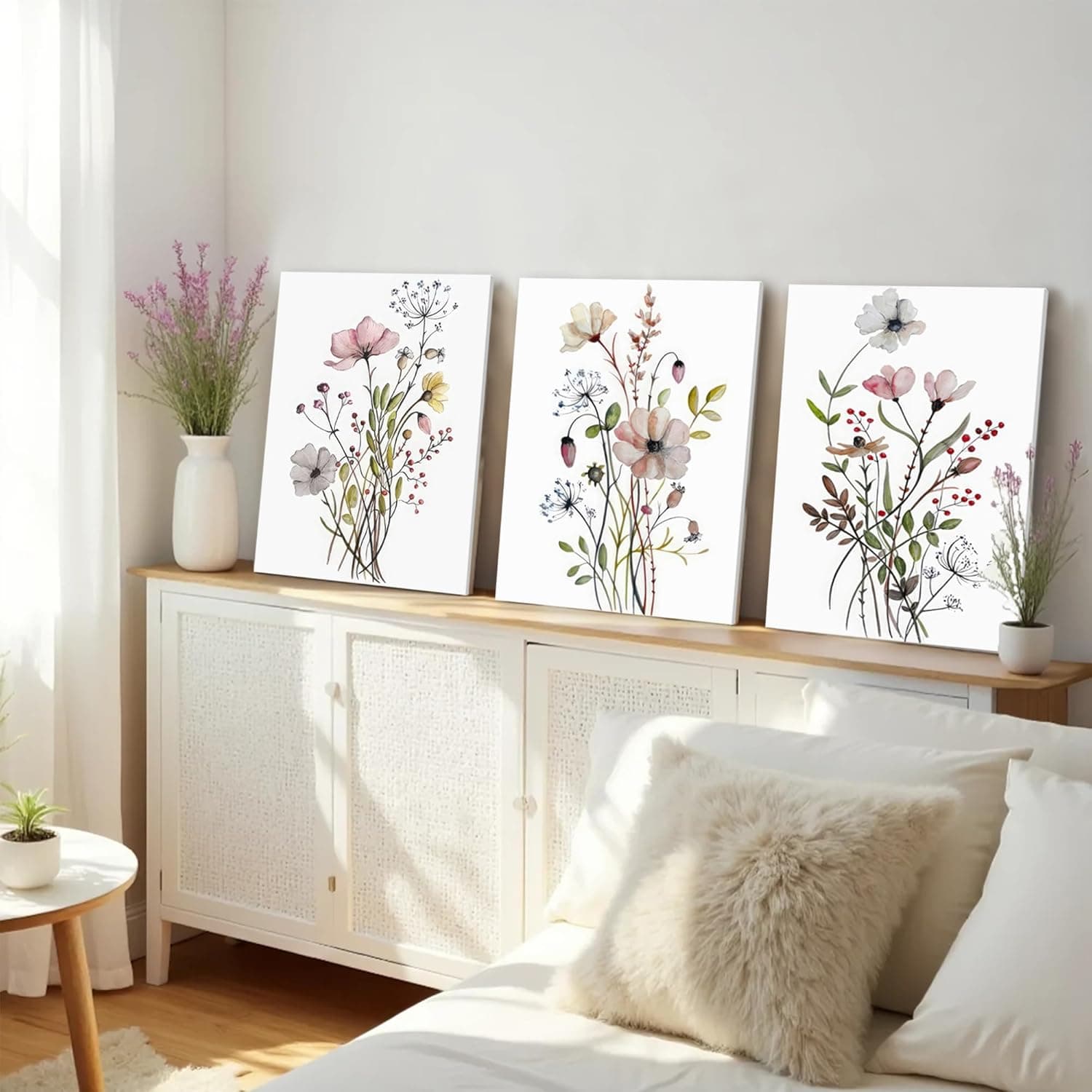WRFON UnFramed Botanical Canvas Wall Art Set of 3, Watercolor Floral Prints, Framed Flower Wall Decor for Bedroom Bathroom Living Room, 12x16 Inch Each: Posters &amp; Prints thumbnail 3