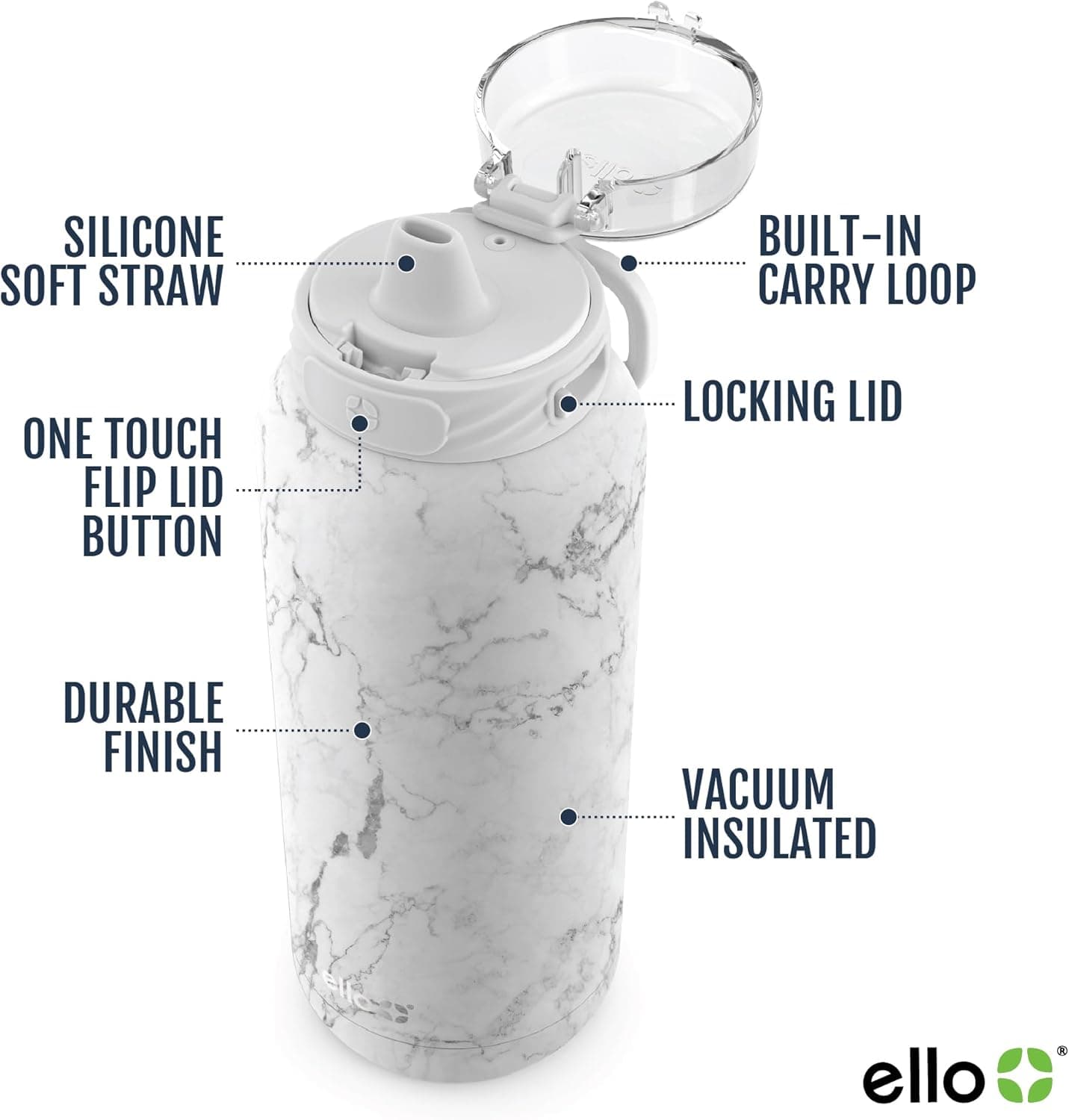 Ello Cooper 40oz Stainless Steel Water Bottle with Straw and Carry Handle, Double Walled and Vacuum Insulated Metal, Leak Proof Locking Lid with Soft Silicone Spout, Reusable, BPA Free, White Marble : Sports &amp; Outdoors thumbnail 2