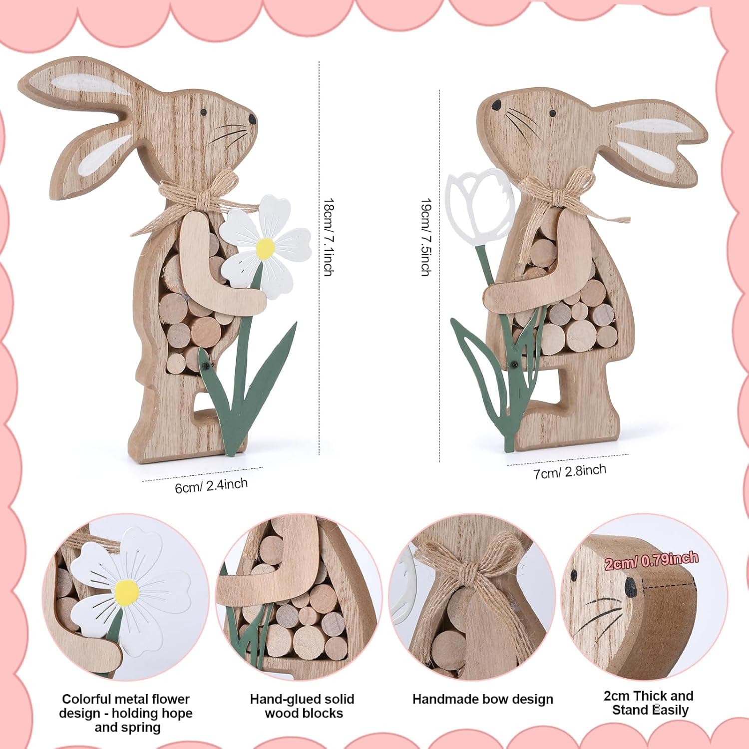Farmhouse Rustic Wooden Bunny with Metal Flower Tiered Tray Decor thumbnail 2