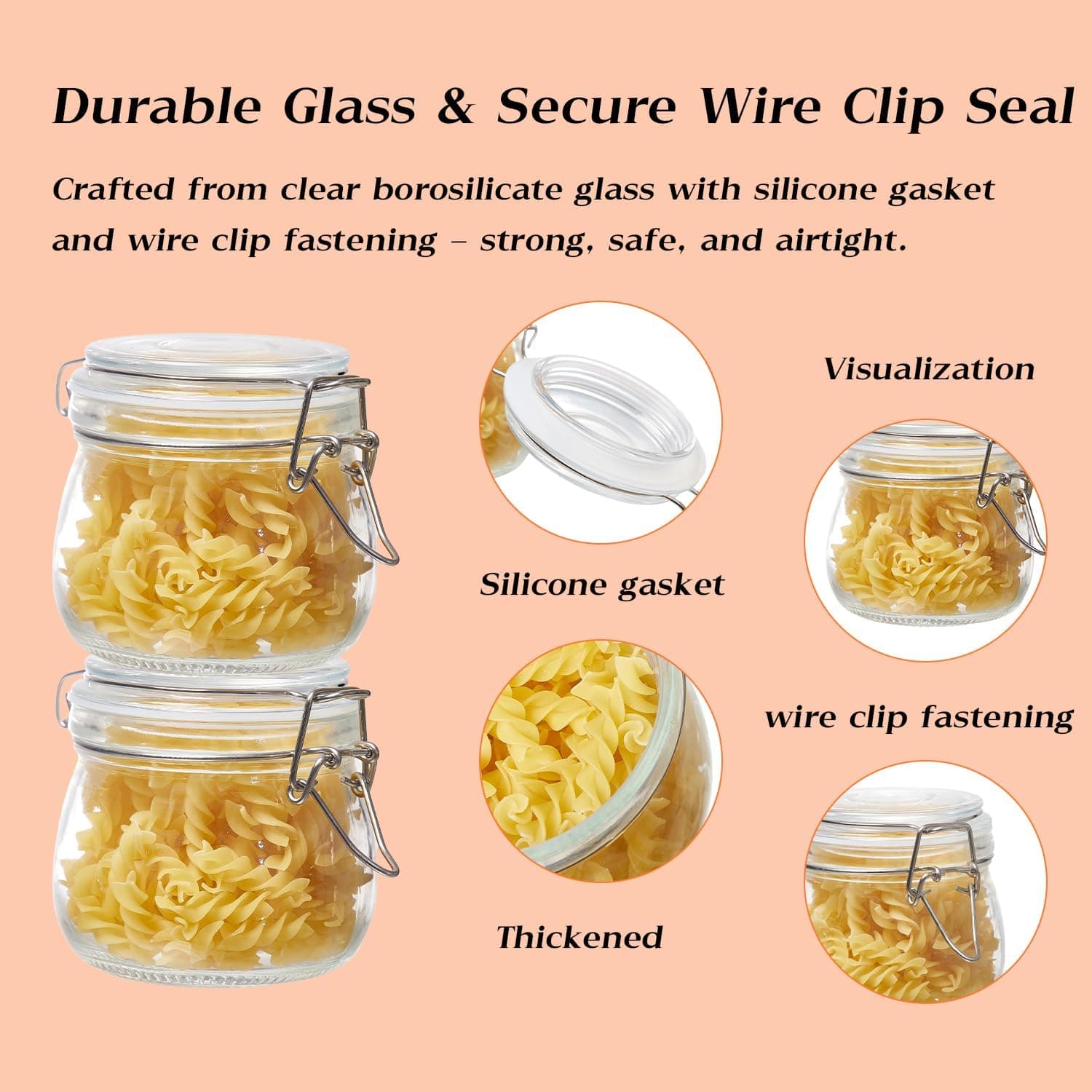 BJONKZ Glass Jars with Airtight Lids – Food Storage Containers with Preserving Seal Wire Clip Fatening, Glass Canisters for Kitchen Canning Flour, Cereal, Sugar, Beans (10oz*8) : Home &amp; Kitchen thumbnail 5