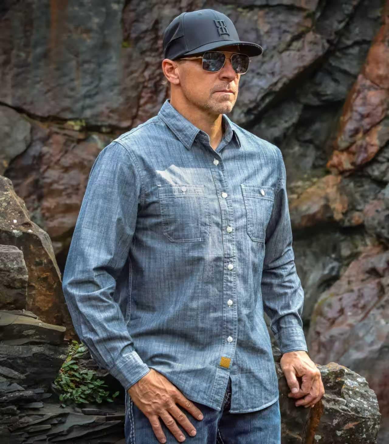 Dubinik Chambray Shirt Men's Cotton Button Up Long Sleeve Denim Blue thumbnail 2