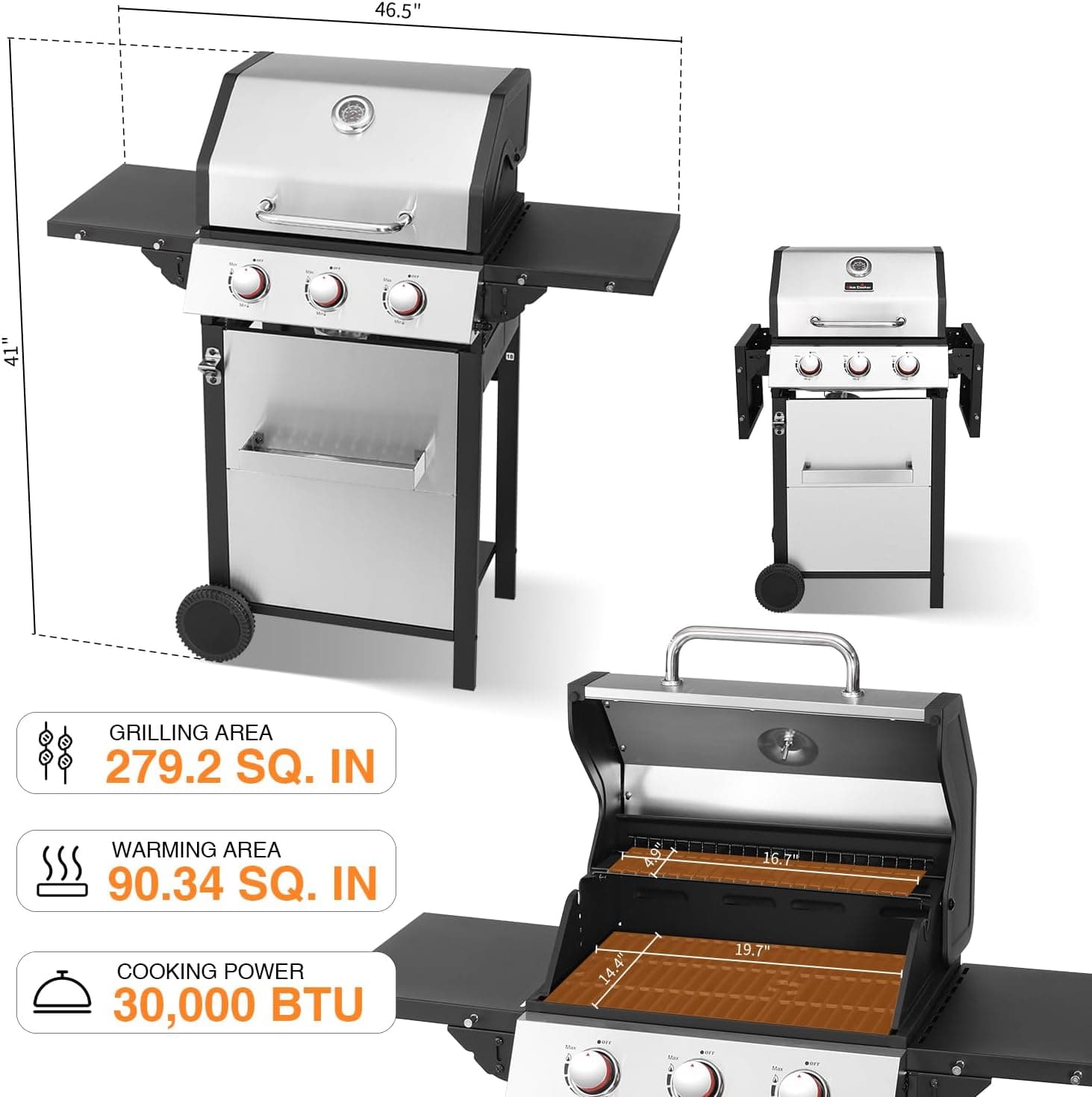 GRILL DEPOTS 3-Burner Propane Gas Grill with Folding Sides and Wheels thumbnail 4