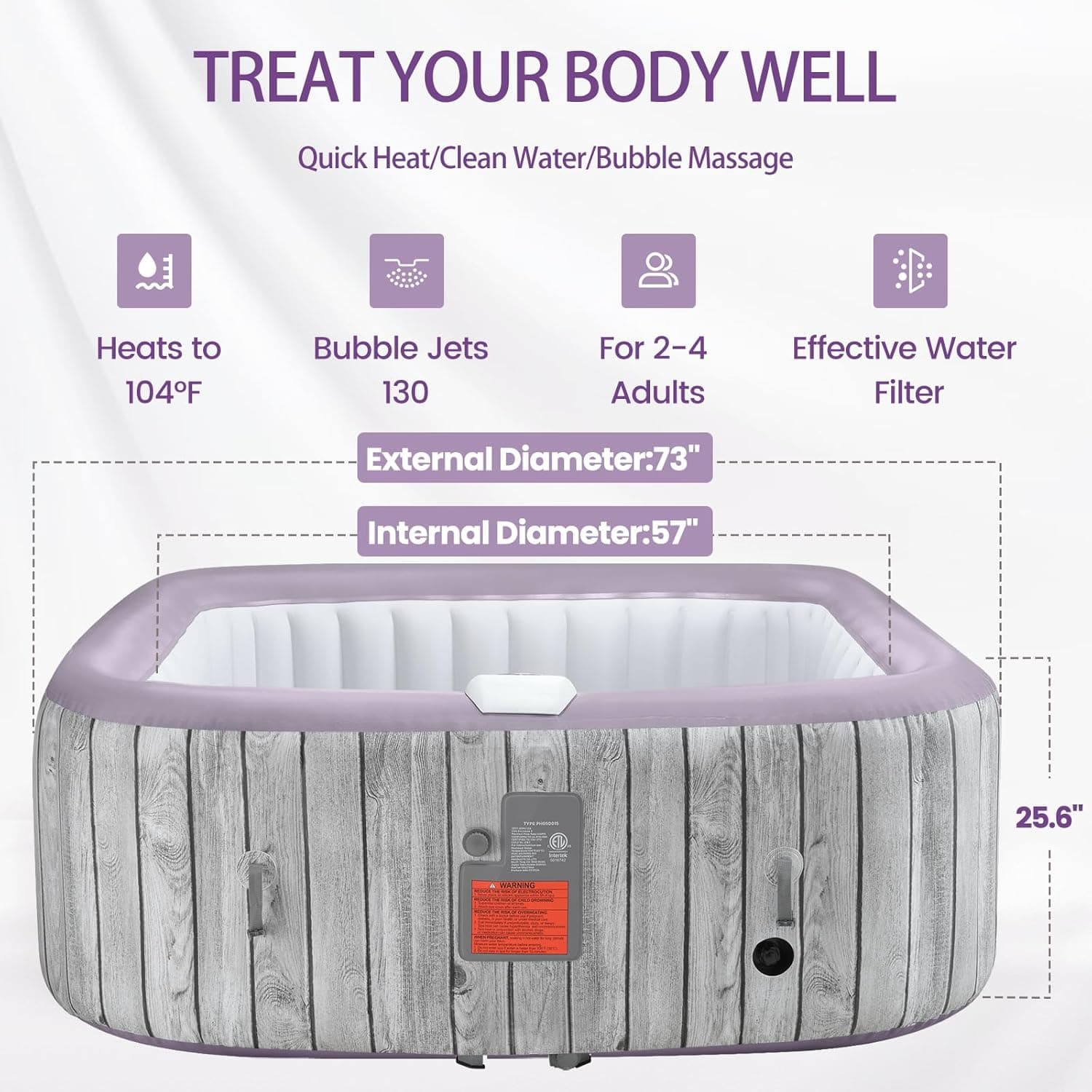 BTMWAY Inflatable Hot Tub - 73" Square Portable Spa for 4-6 People thumbnail 4