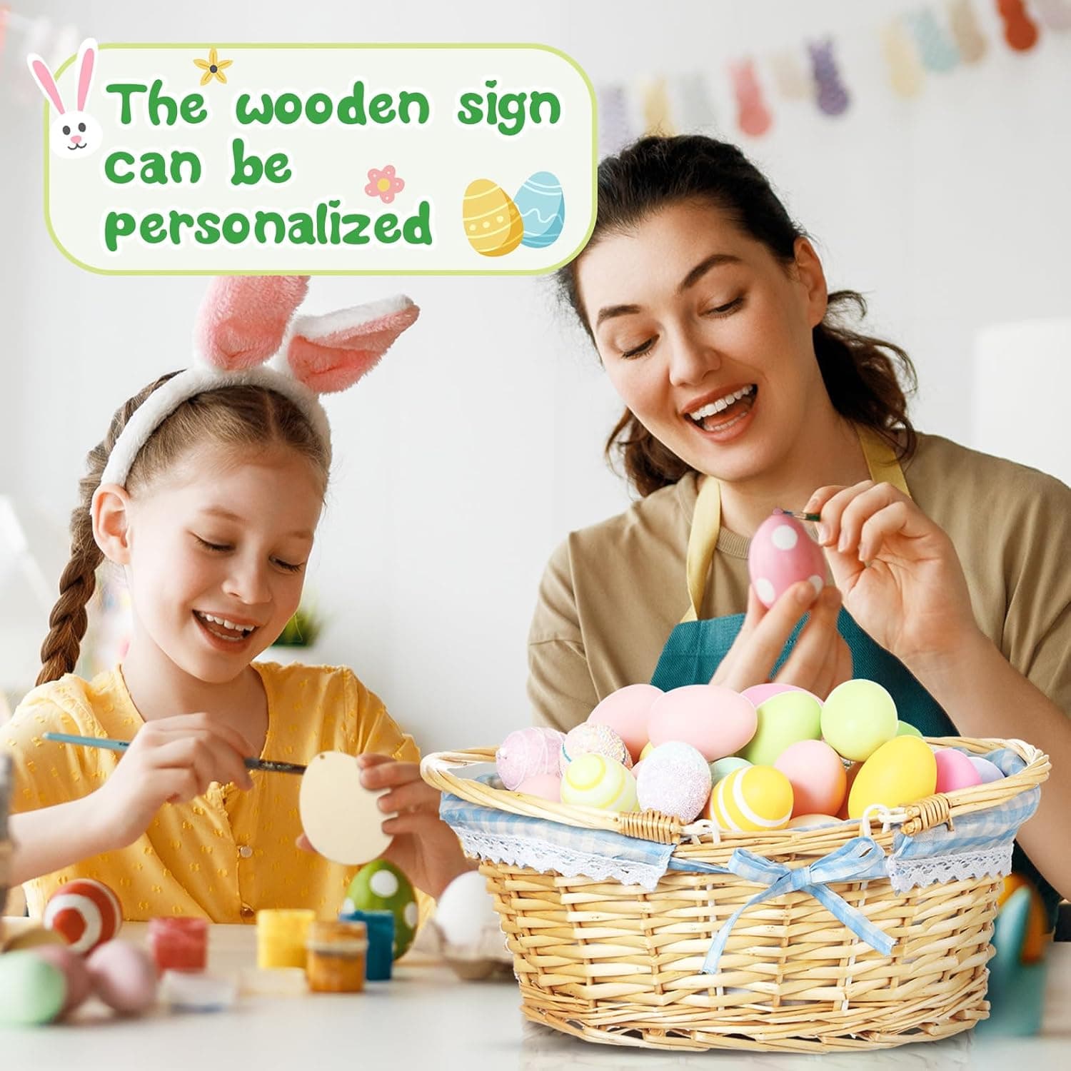 Leinuosen Easter Basket Wicker Picnic Basket with Wooden Egg Cutout and Handle (Blue) thumbnail 4