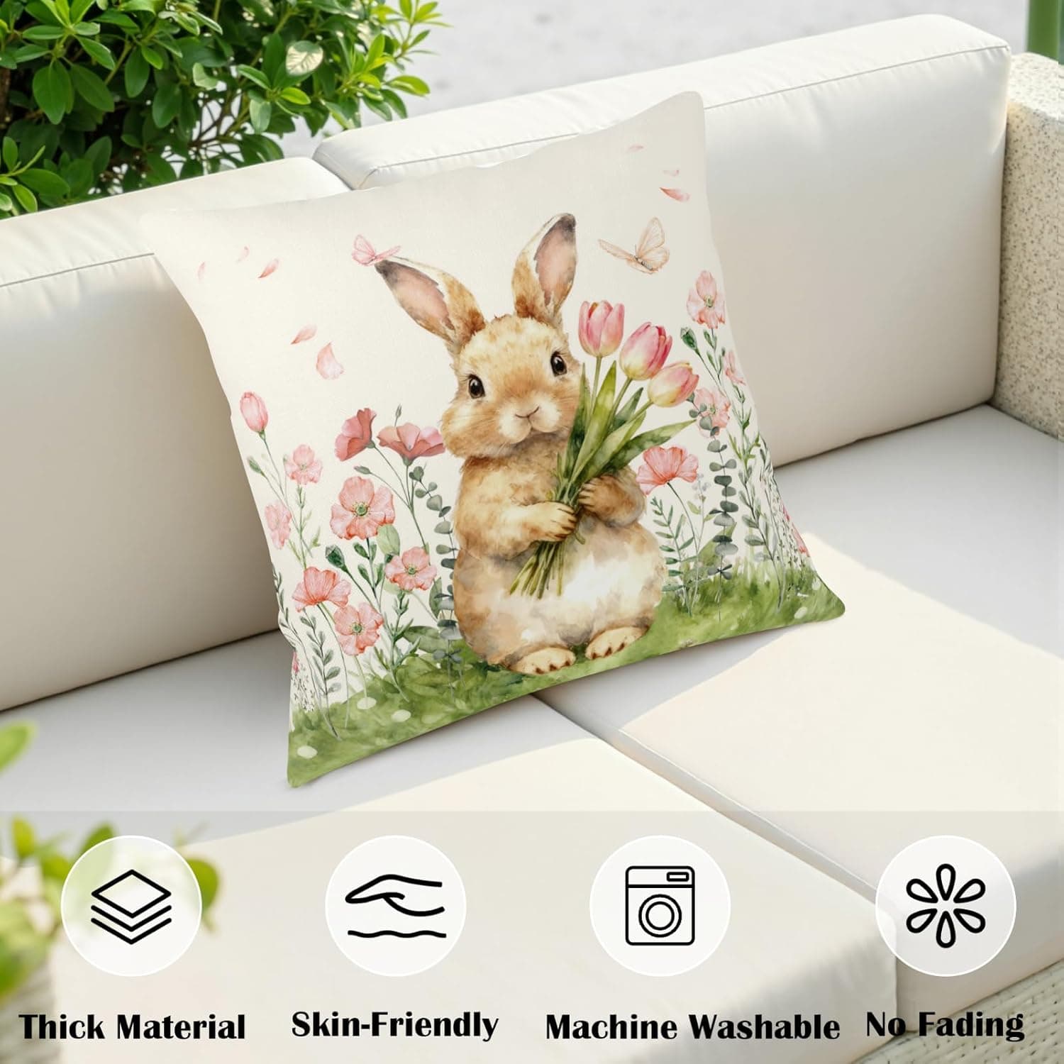 Wnoesat Easter Bunny Outdoor Pillow Covers 18x18 Set of 2 Watercolor Pink Flowers Pillows Cases Farmhouse Rabbit Floral Pillowcase for Sofa Couch Home Decor : Home &amp; Kitchen thumbnail 3