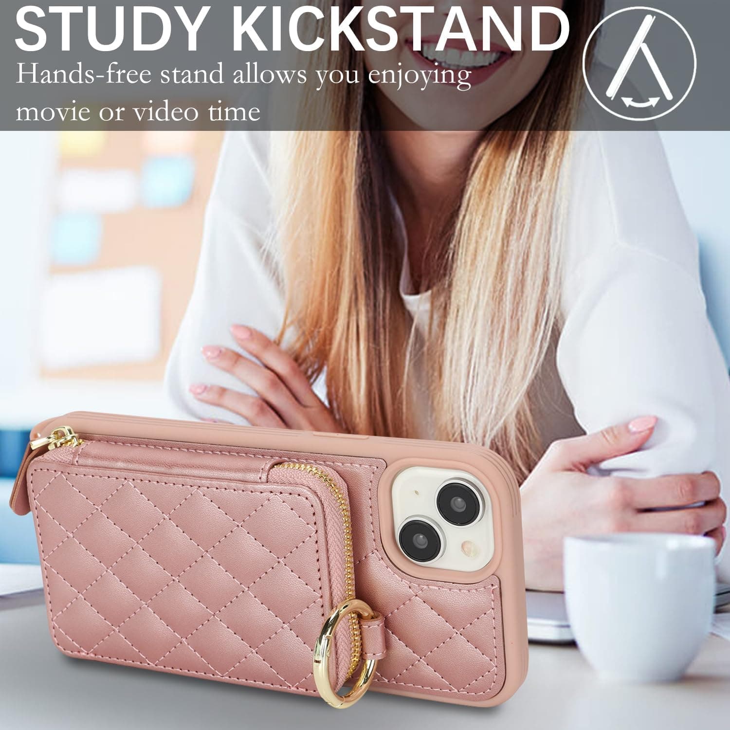 Hamany Crossbody Wallet Case for iPhone 15, PU Leather Zipper Handbag Purse Flip Cover, Kickstand Folio Case with Card Slots Holder Wrist Strap Lanyard 5G 6.1 Inch-Rose Gold : Cell Phones &amp; Accessories thumbnail 4