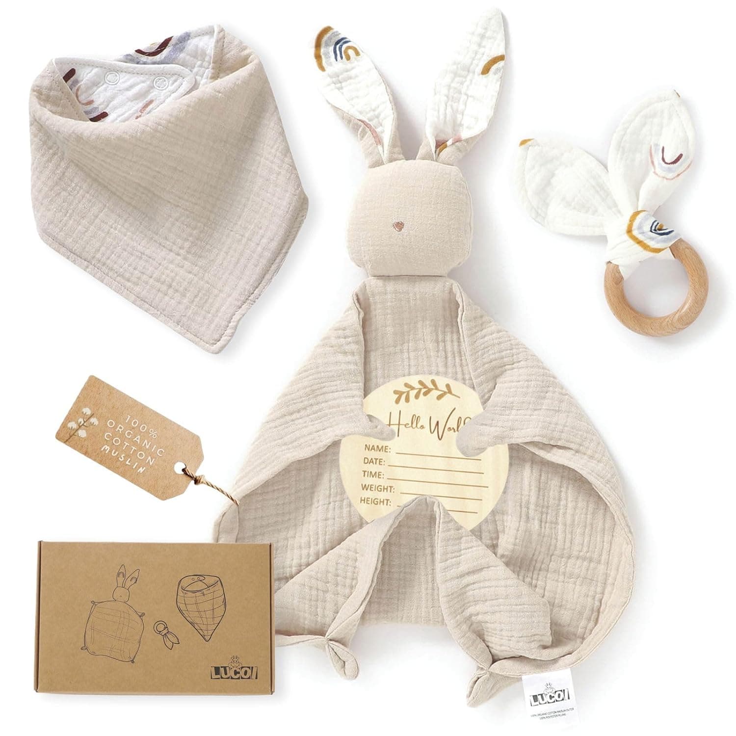 LUCOI Organic Cotton Baby Gift Set – 4 Piece Muslin Bunny Lovey Blanket + Teether Ring + Bandana Bib + Announcement Card | Gender Neutral Newborn Gift Box | Organic Lovey for Babies : Baby — Easter Gifts gift idea