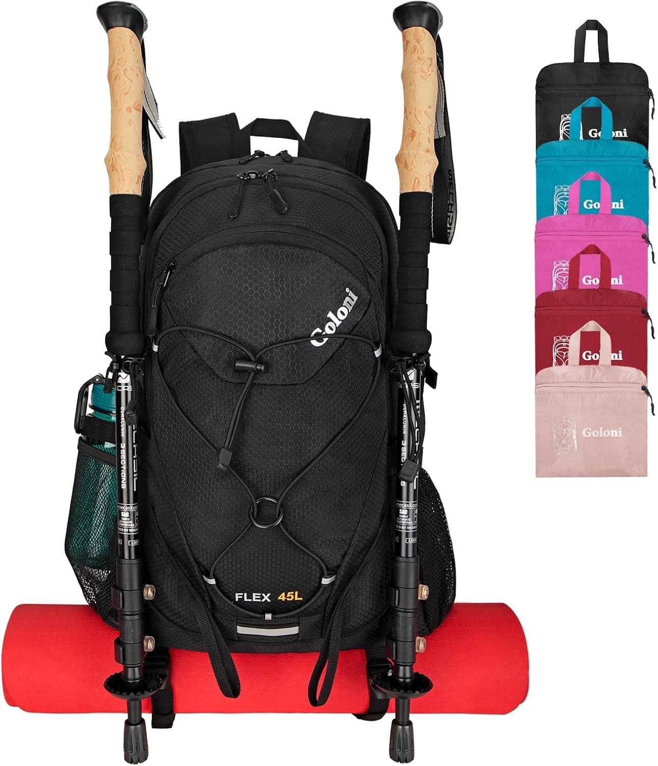 Goloni 45L Hiking Backpack Lightweight Foldable, Waterproof Camping Backpack with Rain Cover &amp; Hiking Pole Mat Carrying System, Ergonomic Water Resistant Daypack for Trekking Travel Men Women,Black : Sports &amp; Outdoors — Spring Gift Ideas gift idea