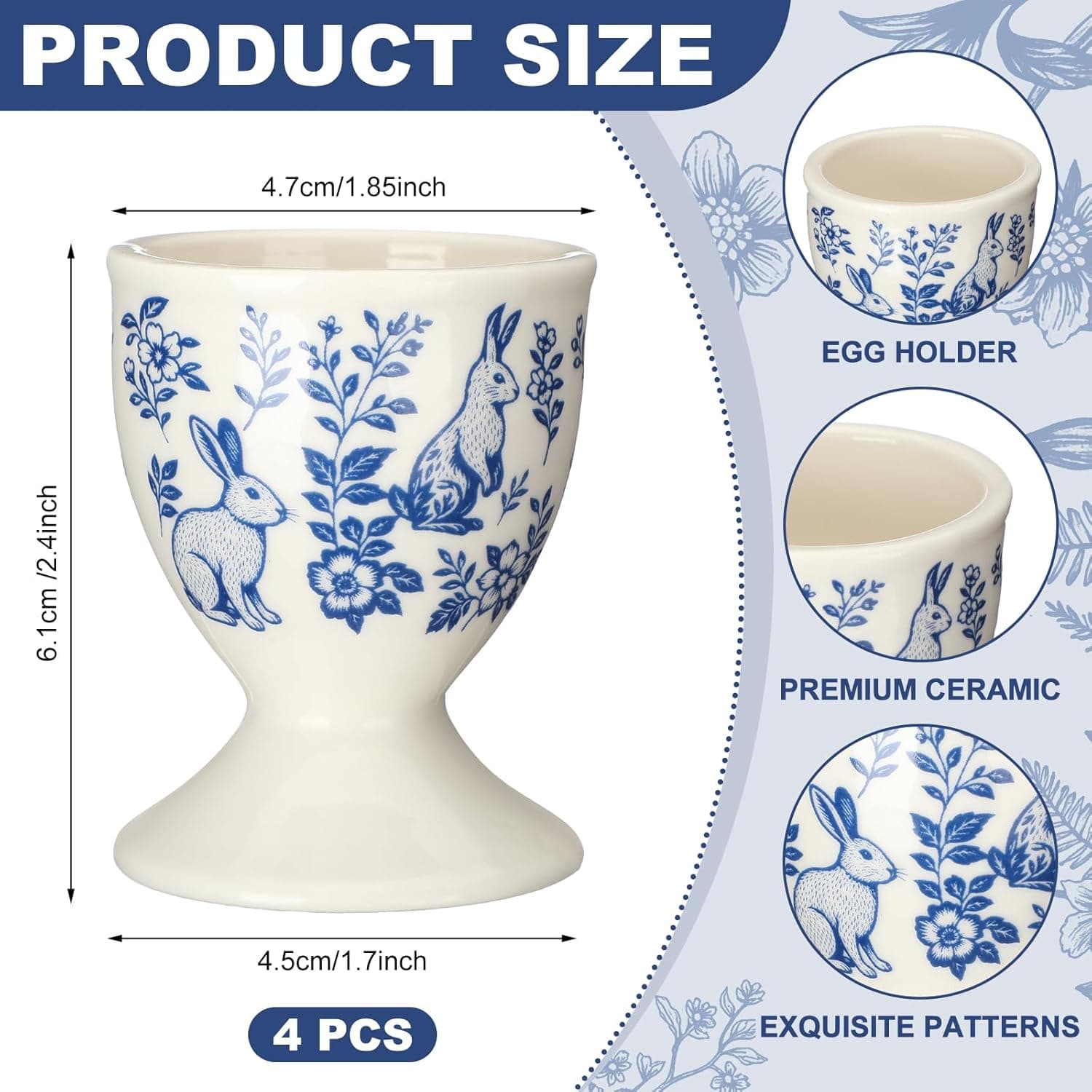 Easter Ceramic Egg Cups - Blue and White Bunny Holders (Set of 4) thumbnail 2