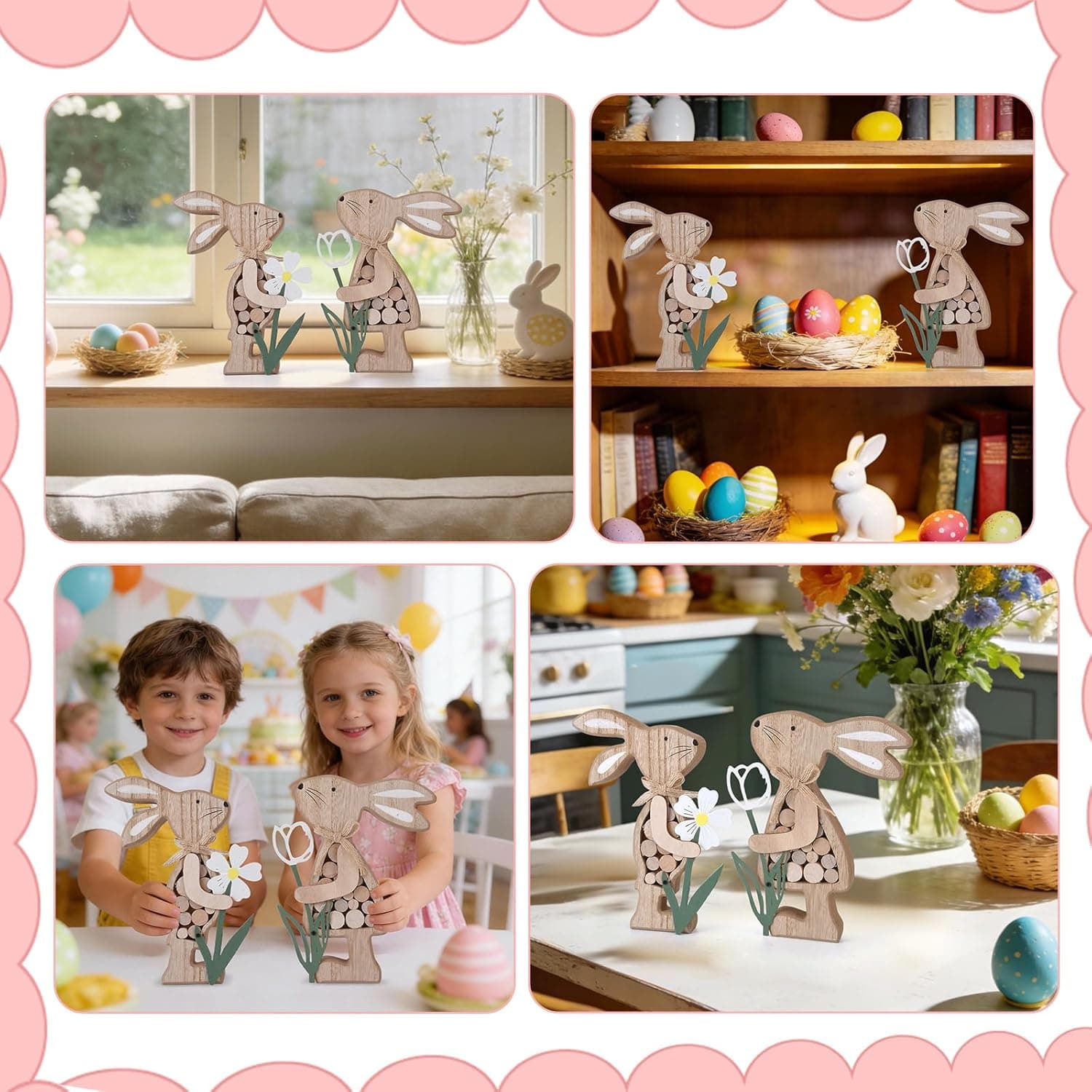 Farmhouse Rustic Wooden Bunny with Metal Flower Tiered Tray Decor thumbnail 4