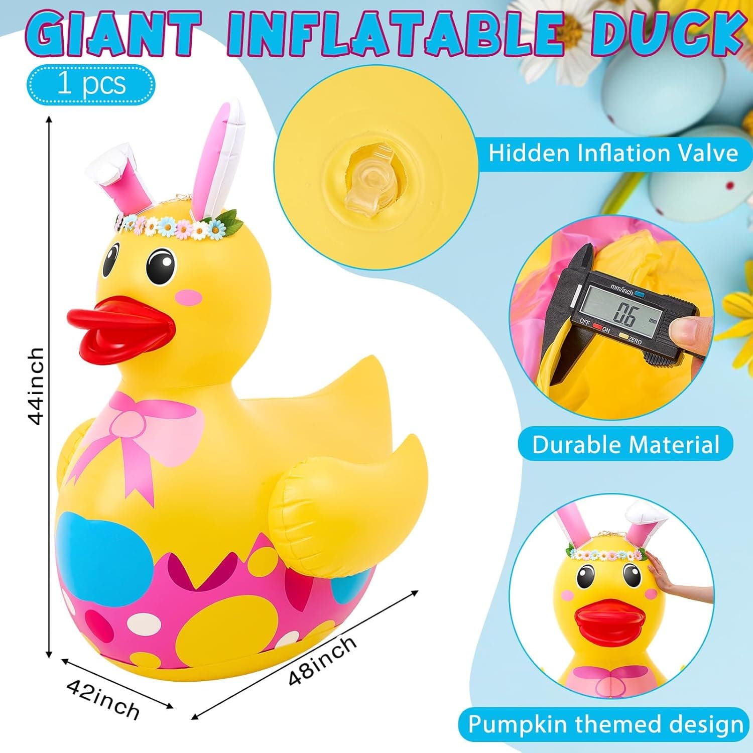 Hungdao 1 Pc 4 ft Easter Inflatable Duck Float Large Blow up Ducks Giant Rubber Duckies with Bunny Ears for Easter Party Decorations Prop Pool Yard Decoration,air Pump Not Included : Toys &amp; Games thumbnail 3
