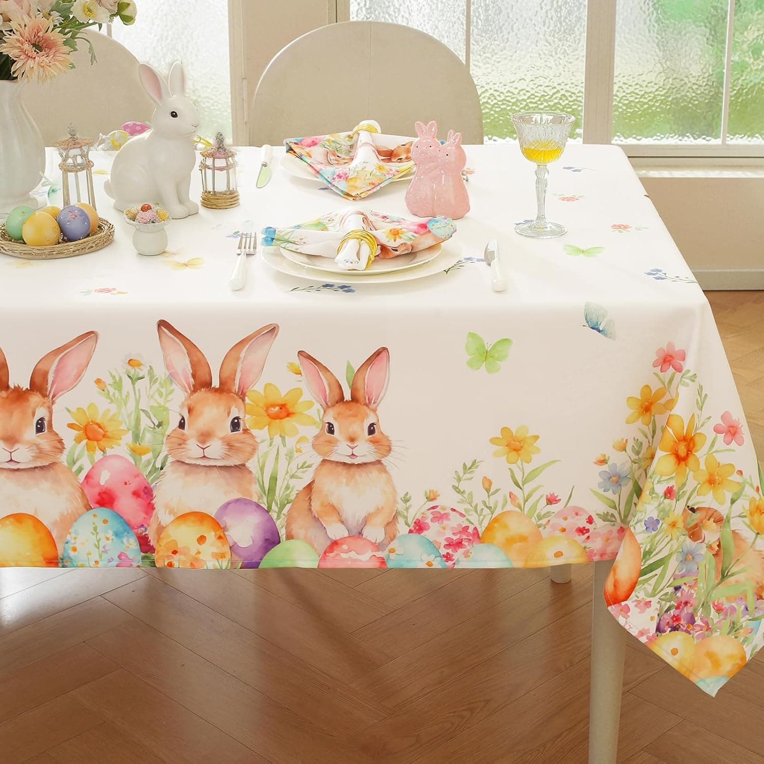 SASTYBALE Easter Tablecloth 52 x 70 Inch Rectangle, Watercolor Bunny Rabbit Eggs Design, Washable Spring Table Cover for Party Picnic Dinner Decor : Home &amp; Kitchen image 1