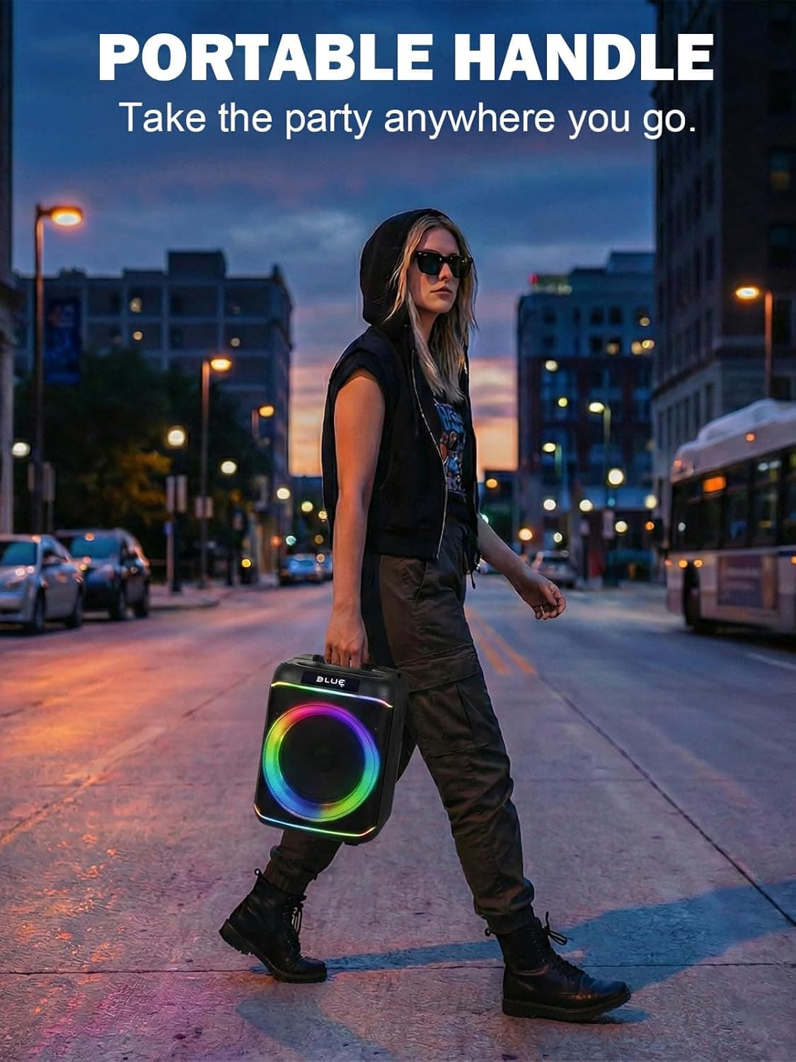 QAU Portable Speaker, 80W Outdoor Speakers with Rich Bass, RGB Lights, Colorful Light, TWS Pairing, EQ, Outdoor Speakers for Home Party Gift (Black) : Electronics thumbnail 4