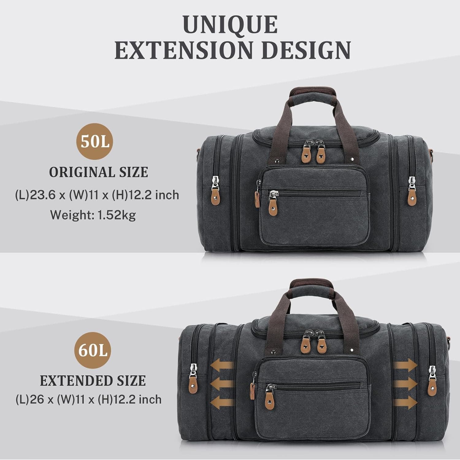 Gonex Canvas Duffle Bag 60L Expandable - Dark Gray thumbnail 3