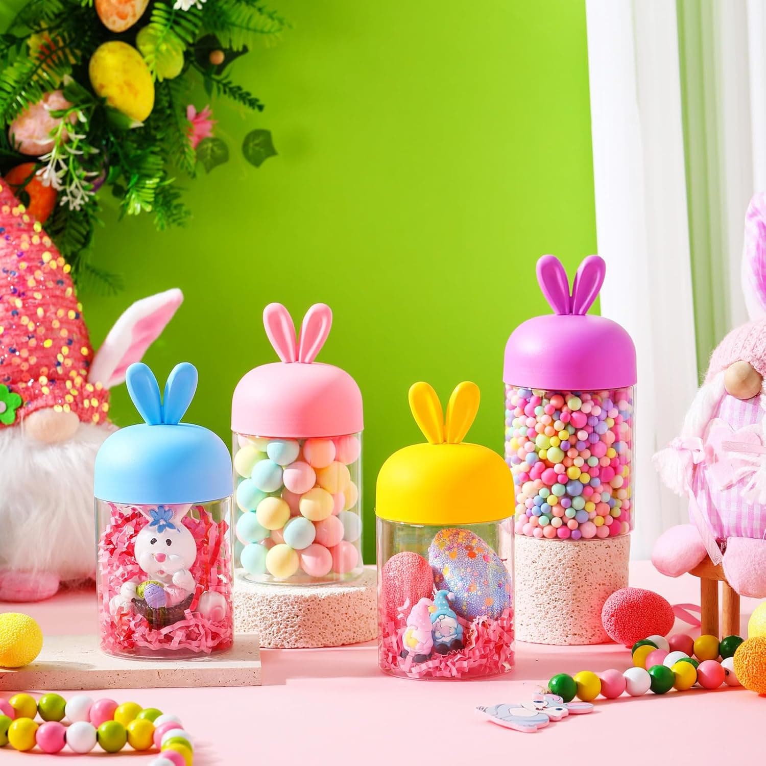 Mimorou 4 Pcs Easter Plastic Jar with Bunny Ear Cap Clear Candy Jar Easter Decorations Food Storage Canister for Easter Party Gift Chocolate Candy Sweets Mini Eggs Table Decoration : Home &amp; Kitchen thumbnail 3