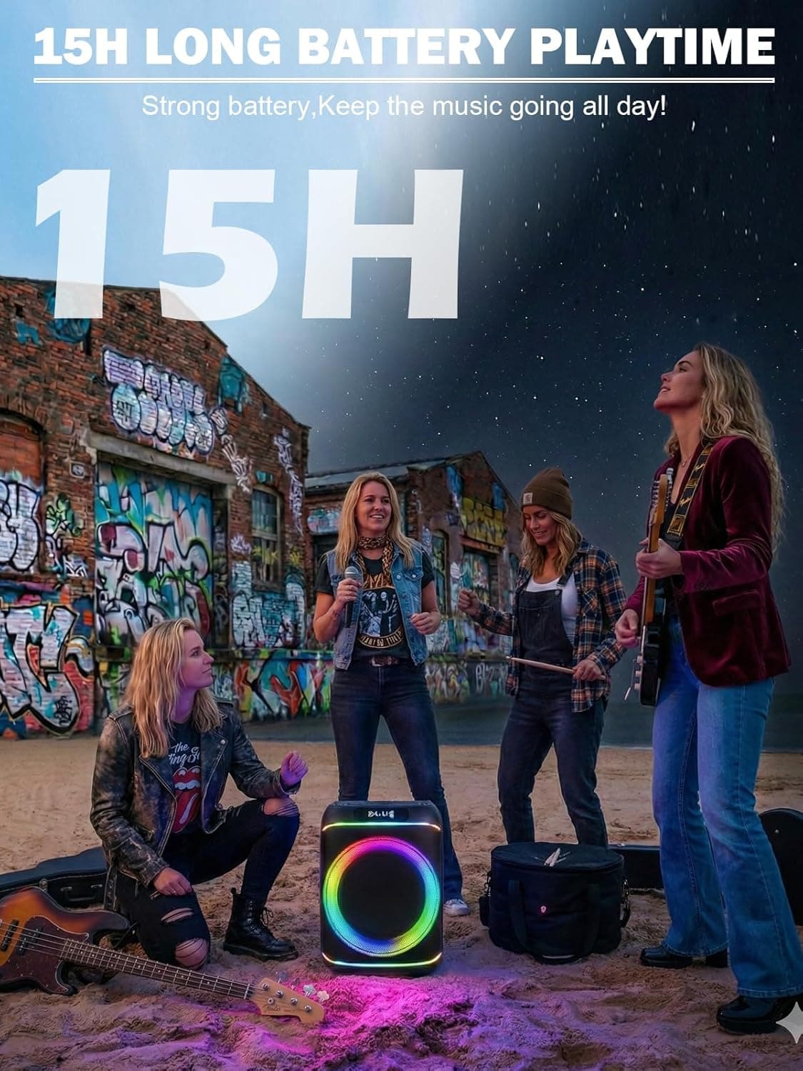 QAU Portable Speaker, 80W Outdoor Speakers with Rich Bass, RGB Lights, Colorful Light, TWS Pairing, EQ, Outdoor Speakers for Home Party Gift (Black) : Electronics thumbnail 3