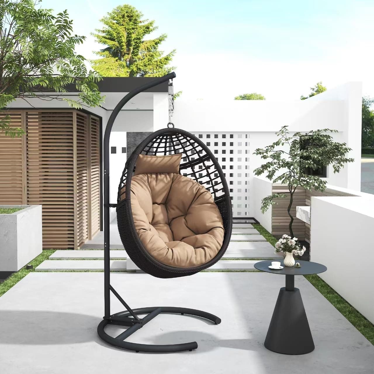 Ercimi Hanging Egg Chair Hammock Chair with Stand Wicker Rattan Chairs for Indoor Outdoor Patio Bedroom Swing Chair with Steel Frame and Soft Cushion : Patio, Lawn &amp; Garden thumbnail 2