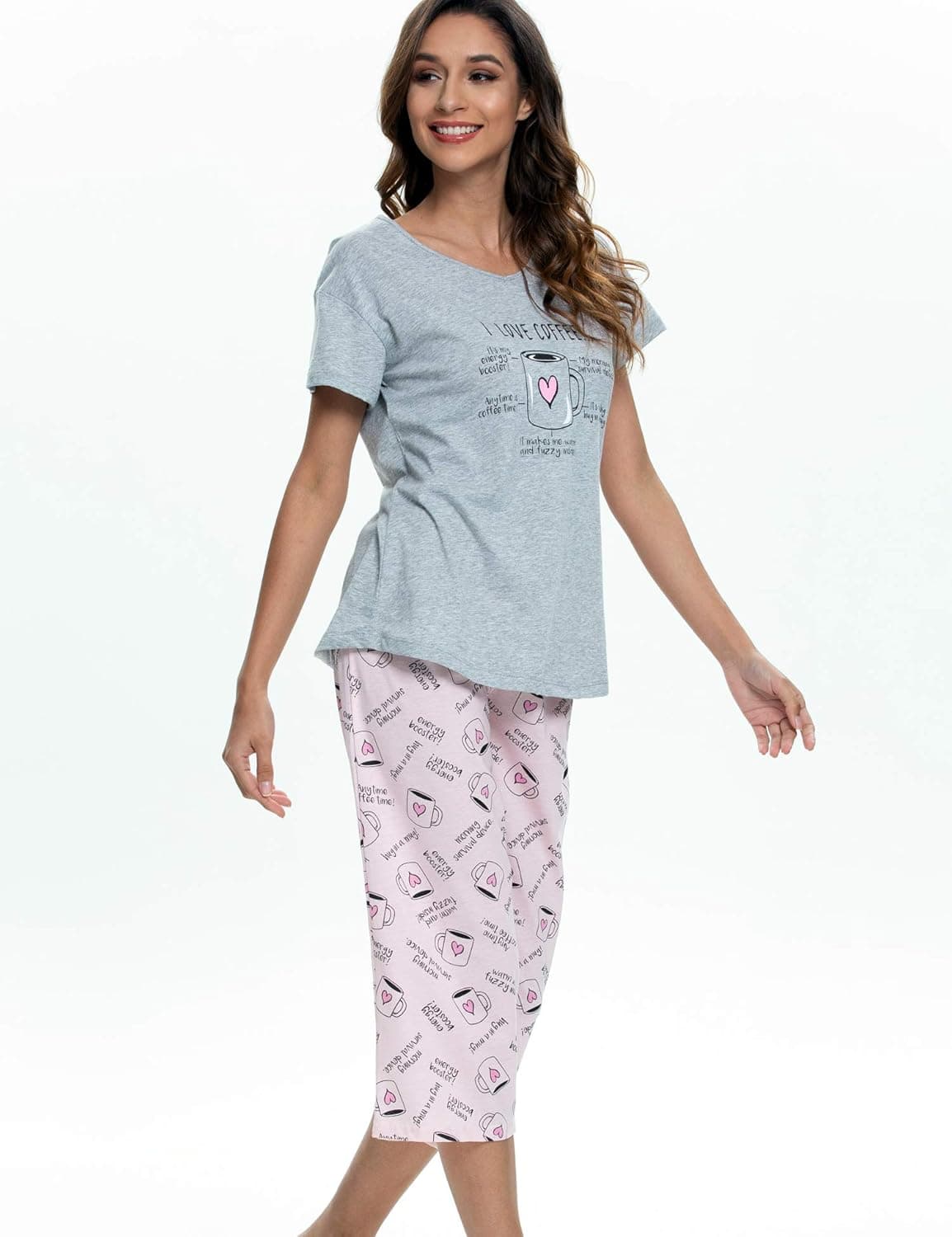 ENJOYNIGHT Women's Pajama Set - Cotton Short Sleeve Top with Capri Pants thumbnail 3