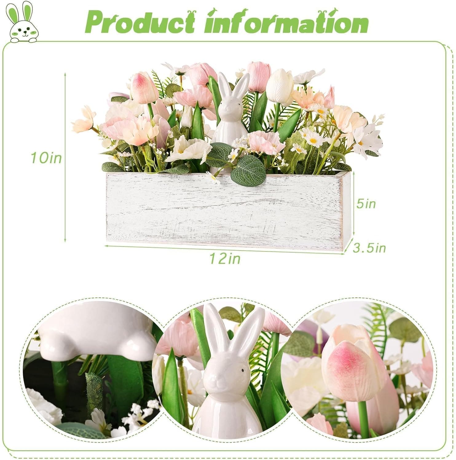 Pawliss Artificial Flowers Easter Decoration - White Ceramic Rabbit with Rustic Wooden Vase thumbnail 2