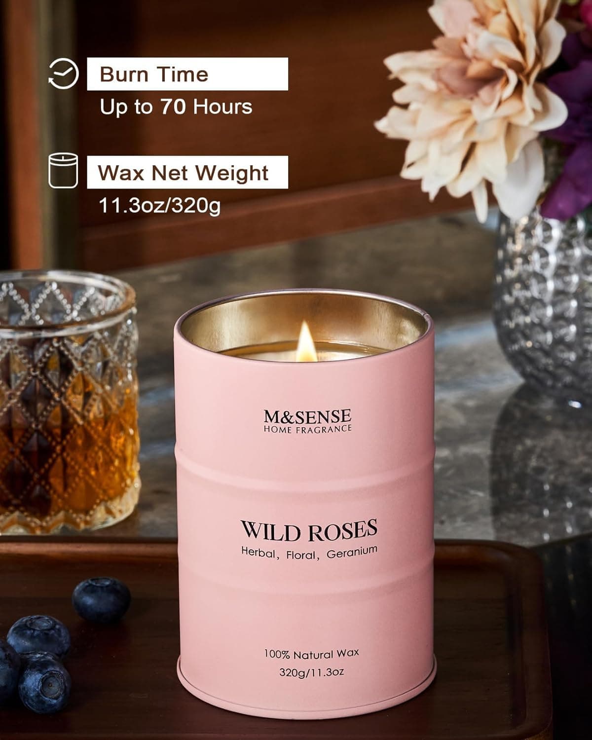 M&amp;SENSE Wild Rose Natural Scented Candle, 70 Hours Long Lasting Soy Candles 11.3oz, Stress Relief Aromatherapy Candles for Women, Romantic Candle Gifts Valentines Day Gifts for Her : Health &amp; Household thumbnail 5