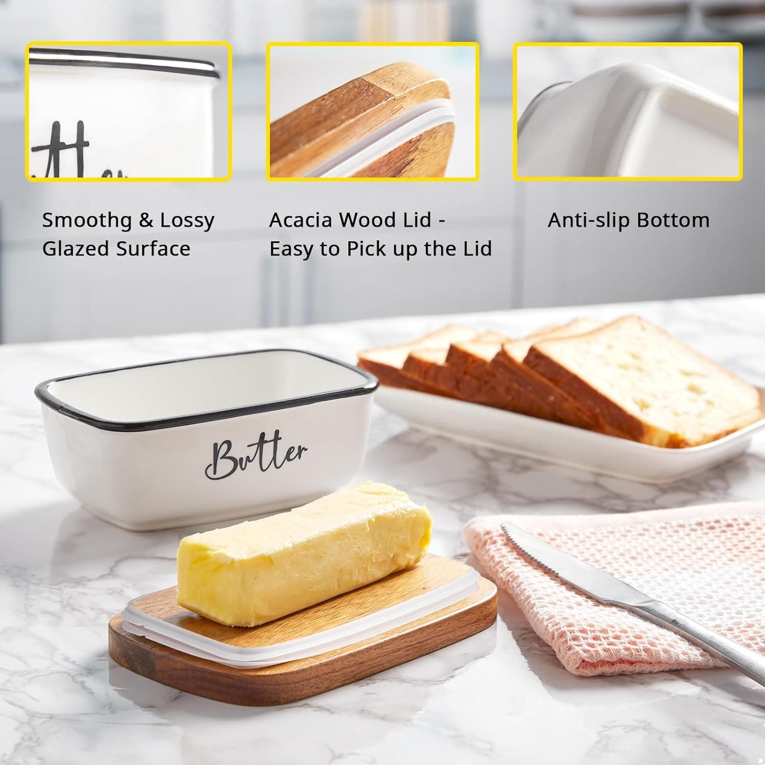 Butter Dish with Lid, ALELION Large Ceramic Butter Dish for Countertop, Butter Keeper with Thick Acacia Wood Lid, Kitchen Decor and Accessories for Kitchen Gifts, White: Butter Dishes thumbnail 4