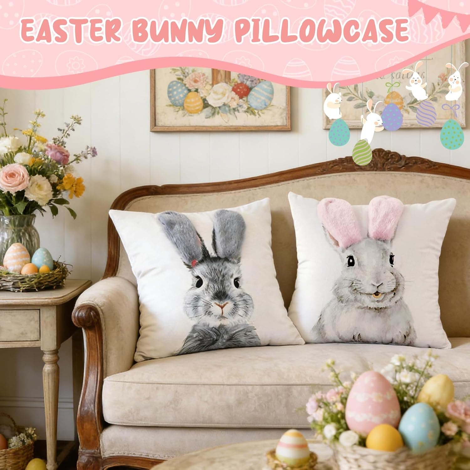 Easter Bunny Throw Pillow Covers Set of 2 (18x18) thumbnail 4