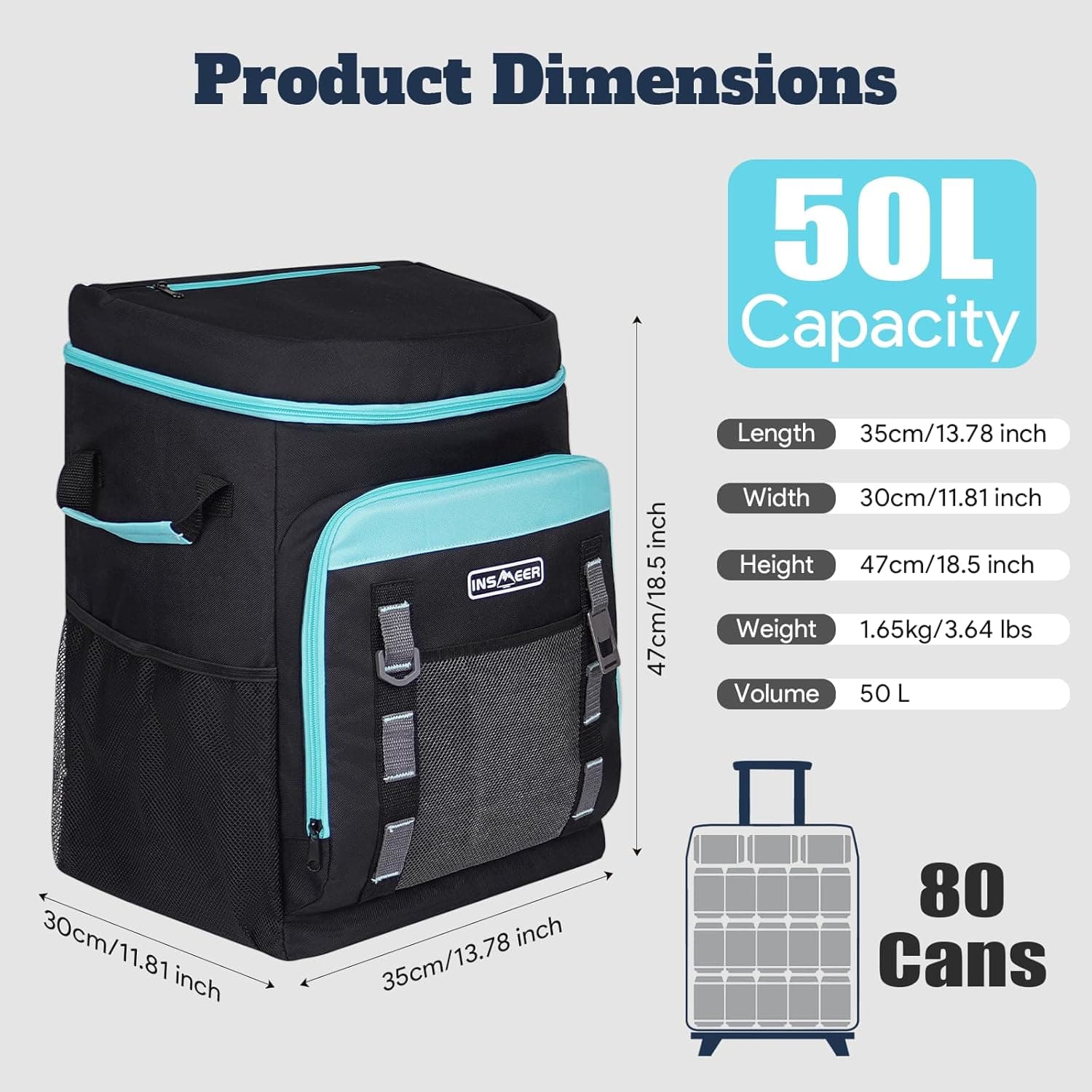 INSMEER Cooler with Wheels and Handle - 80 Cans/50L Portable Rolling Cooler thumbnail 3
