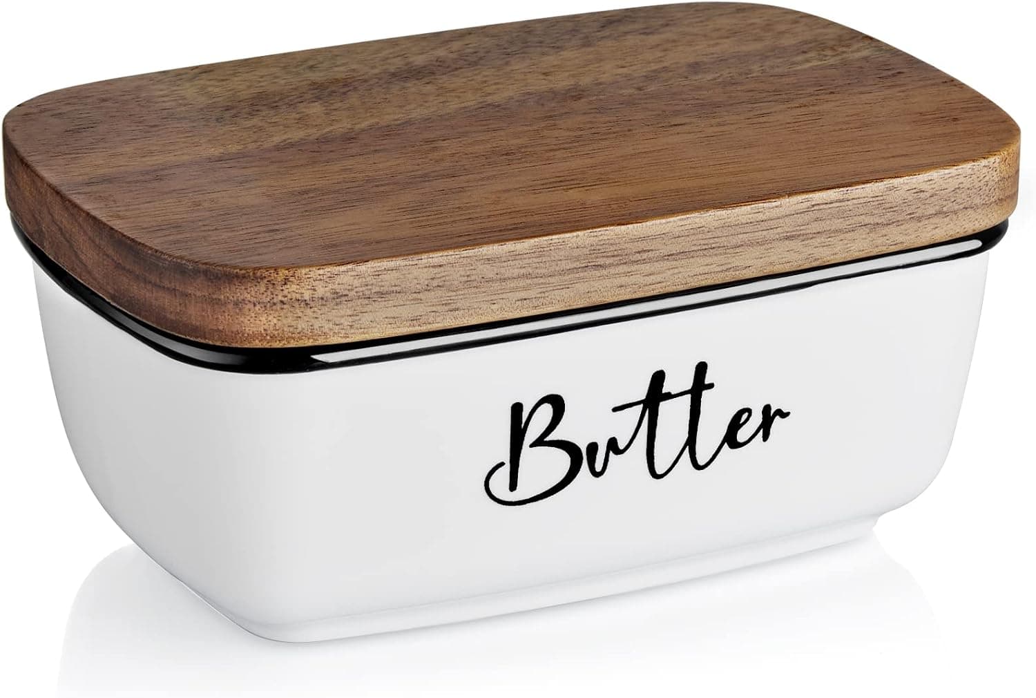 Butter Dish with Lid, ALELION Large Ceramic Butter Dish for Countertop, Butter Keeper with Thick Acacia Wood Lid, Kitchen Decor and Accessories for Kitchen Gifts, White: Butter Dishes image 1