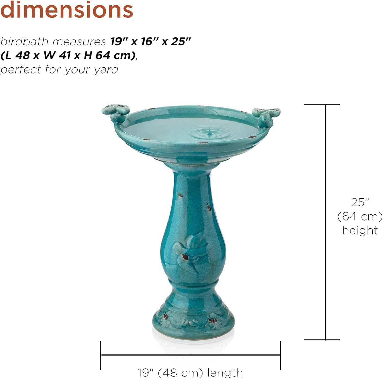 Alpine Corporation 25" Tall Outdoor Ceramic Antique Pedestal Birdbath with 2 Bird Figurines, Turquoise thumbnail 2
